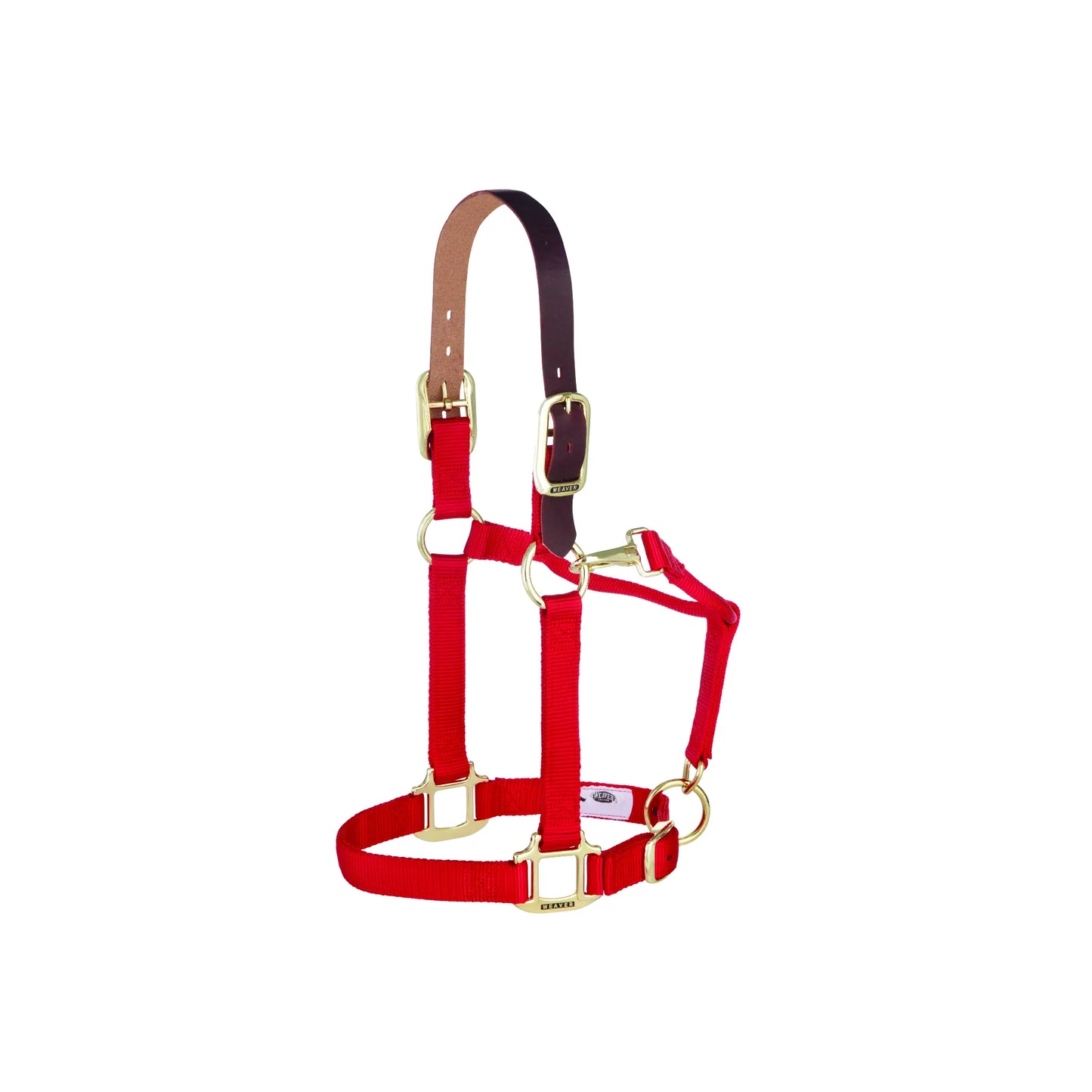 Red Weaver Equine Breakaway Horse Halter featuring 1-inch wide nylon webbing and a brown leather crownpiece for safety. Designed with brass-plated hardware, an adjustable chin strap, and a convenient throat snap. This high-quality equestrian tack provides security and style for grooming, leading, or turnout. Durable red halter with a breakaway leather piece, perfect for horse owners seeking safety and reliability.
