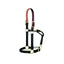 Weaver Equine Breakaway Horse Halter featuring durable 1" black nylon webbing and a mahogany leather breakaway crown. This high-quality halter includes brass-plated hardware with an adjustable chin strap and a convenient throat snap for a custom fit. Designed for safety and style, it showcases the Weaver logo on the buckles and labels. Perfect for everyday use, turnout, or stable management. Premium equestrian gear for safety-conscious horse owners.