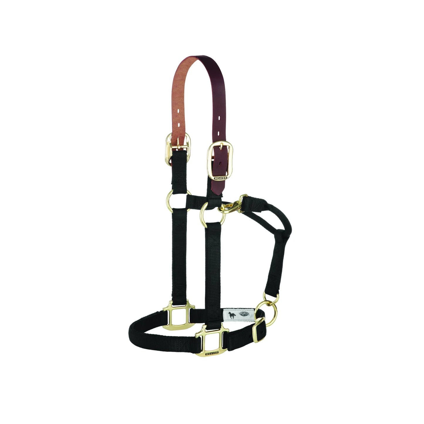 Weaver Equine Breakaway Horse Halter featuring durable 1" black nylon webbing and a mahogany leather breakaway crown. This high-quality halter includes brass-plated hardware with an adjustable chin strap and a convenient throat snap for a custom fit. Designed for safety and style, it showcases the Weaver logo on the buckles and labels. Perfect for everyday use, turnout, or stable management. Premium equestrian gear for safety-conscious horse owners.