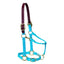Weaver Equine 1" turquoise nylon breakaway horse halter featuring a burgundy leather safety crownpiece and durable brass-plated hardware. This adjustable horse halter includes a convenient throat snap and adjustable chin strap for a secure, custom fit. A stylish and safe equestrian accessory perfect for daily use, training, or trailering, combining premium Weaver quality with a vibrant pop of color.