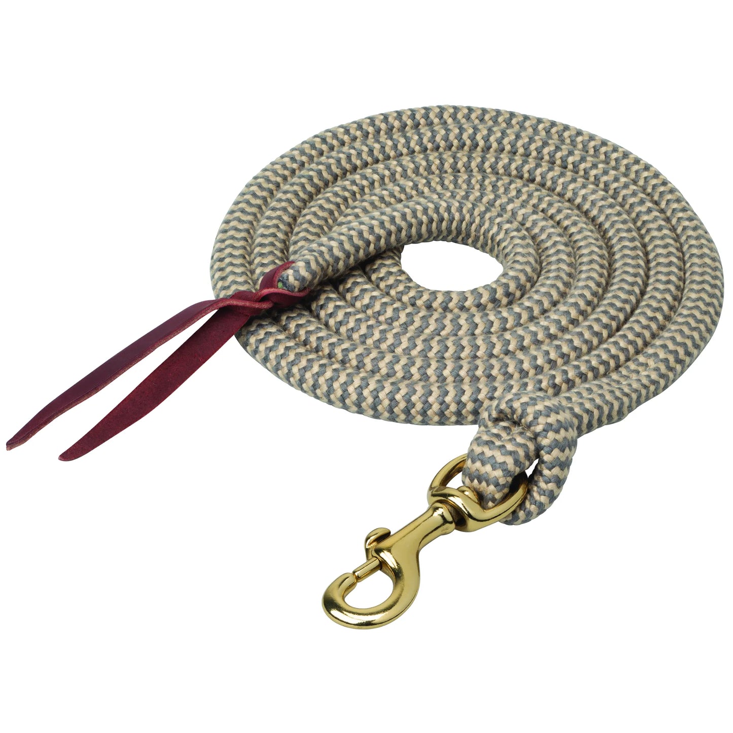 Weaver Equine EcoLuxe™ Bamboo Lead with Snap, Charcoal/Tan 10-feet. This eco-friendly horse lead rope features a stylish charcoal and tan chevron pattern woven from sustainable bamboo for a soft, premium feel. Equipped with a durable solid brass snap and a burgundy leather popper end, it’s a high-quality choice for training and daily horse care. Perfect for equestrians looking for sustainable and durable horse tack.