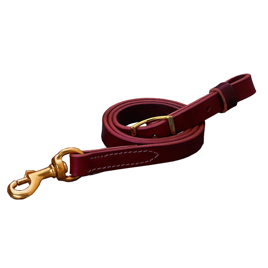 Premium Weaver Equine Latigo Leather Tie Down Strap in a rich burgundy finish. This durable horse tack features a sturdy solid brass snap and adjustable buckle for maximum reliability. Designed with elegant white contrast stitching, this high-quality western riding equipment is built to last. A professional-grade equestrian essential perfect for training and performance.