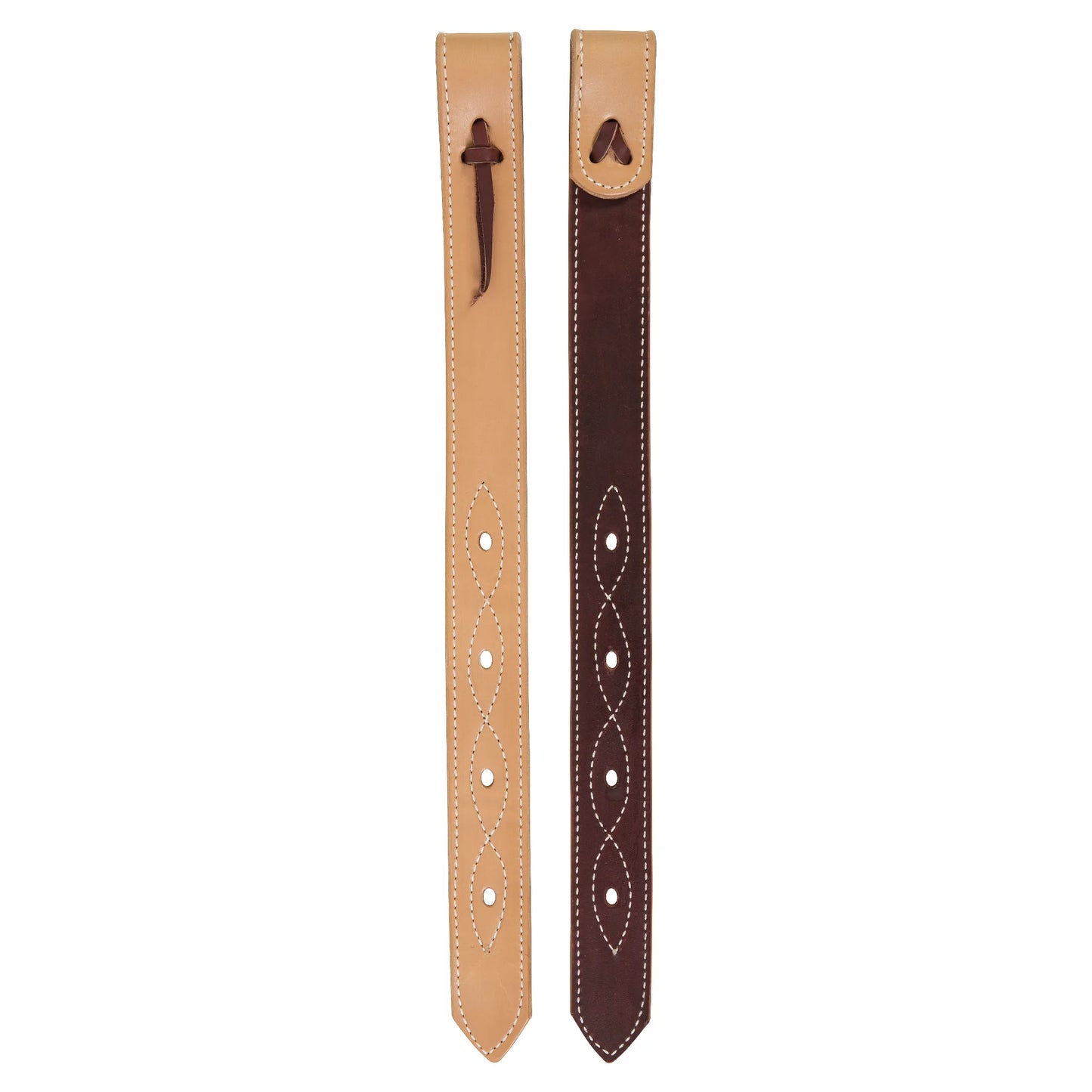 Weaver Equine 1-3/4 inch Leather Billets in natural tan and dark brown. These heavy-duty western saddle billets feature white contrast stitching and decorative diamond patterns around the adjustment holes. Crafted from high-quality leather for durability and style, these horse tack essentials are designed for reliable girth attachment. Perfect for updating your western saddle gear with professional-grade equestrian accessories.