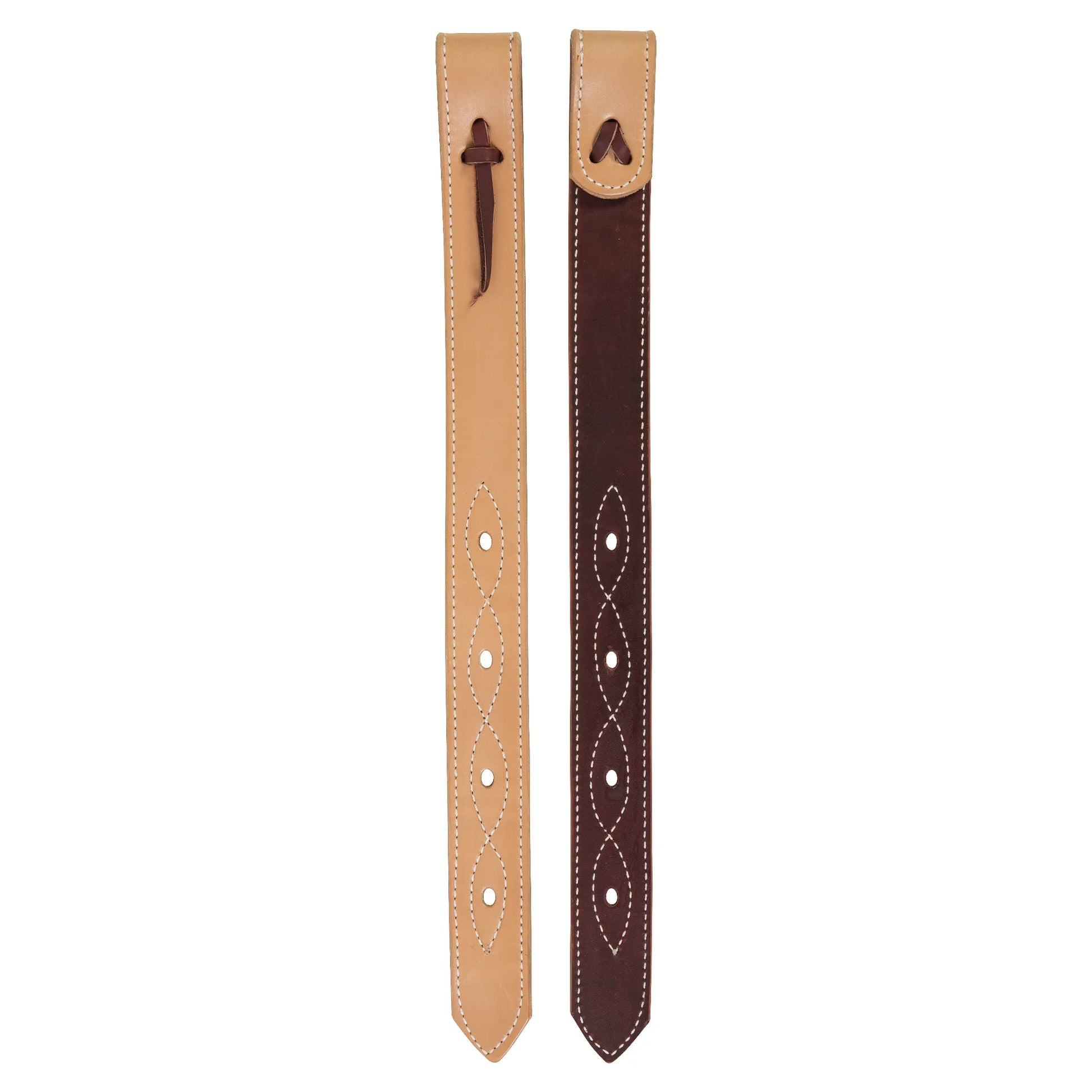 Weaver Equine 1-3/4 inch Leather Billets in natural tan and dark brown. These heavy-duty western saddle billets feature white contrast stitching and decorative diamond patterns around the adjustment holes. Crafted from high-quality leather for durability and style, these horse tack essentials are designed for reliable girth attachment. Perfect for updating your western saddle gear with professional-grade equestrian accessories.