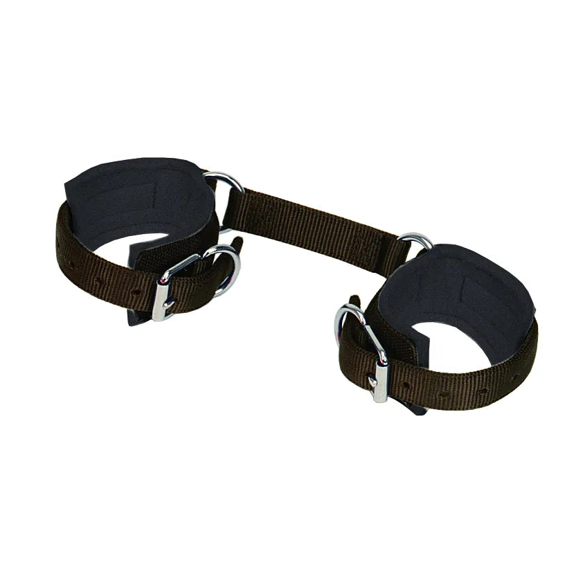 Weaver Equine Lined Nylon Hobble in brown featuring two adjustable, padded cuffs connected by a durable nylon strap. Designed for horse training and restraint, these high-quality hobbles include heavy-duty silver-tone hardware and buckles for a secure fit. The soft lining ensures equine comfort during use, making it an essential tool for horse safety and management.