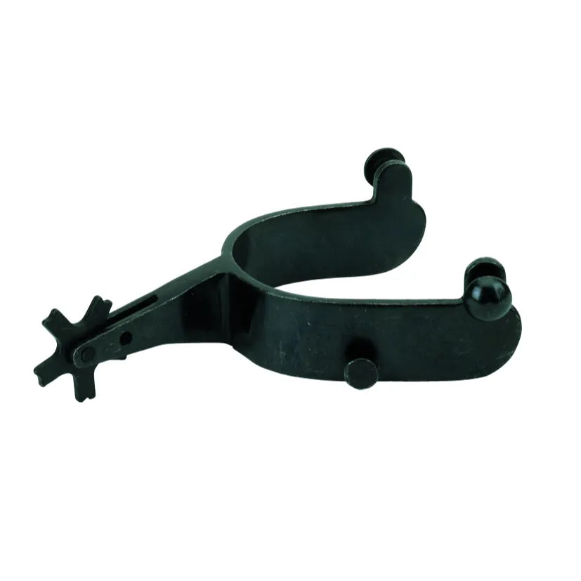 Weaver Equine Men's 2-1/2" Offset Bull Spurs featuring a sleek black finish and a bold 5-point rowel. Designed for precision and durability, these professional-grade Western rodeo spurs include an offset neck to help riders make better contact. Ideal for bull riders and competitive equestrians looking for high-quality, dependable performance gear in the arena.