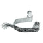 Weaver Equine Men's Engraved Spurs in polished stainless steel. These premium Western horse riding spurs feature high-contrast black floral scroll engraving on the heel band and shank. Designed for performance, they include a 10-point rowel and sturdy swivel buttons for spur straps. A stylish and functional piece of equestrian gear perfect for Western riders looking for decorative yet durable horse tack.