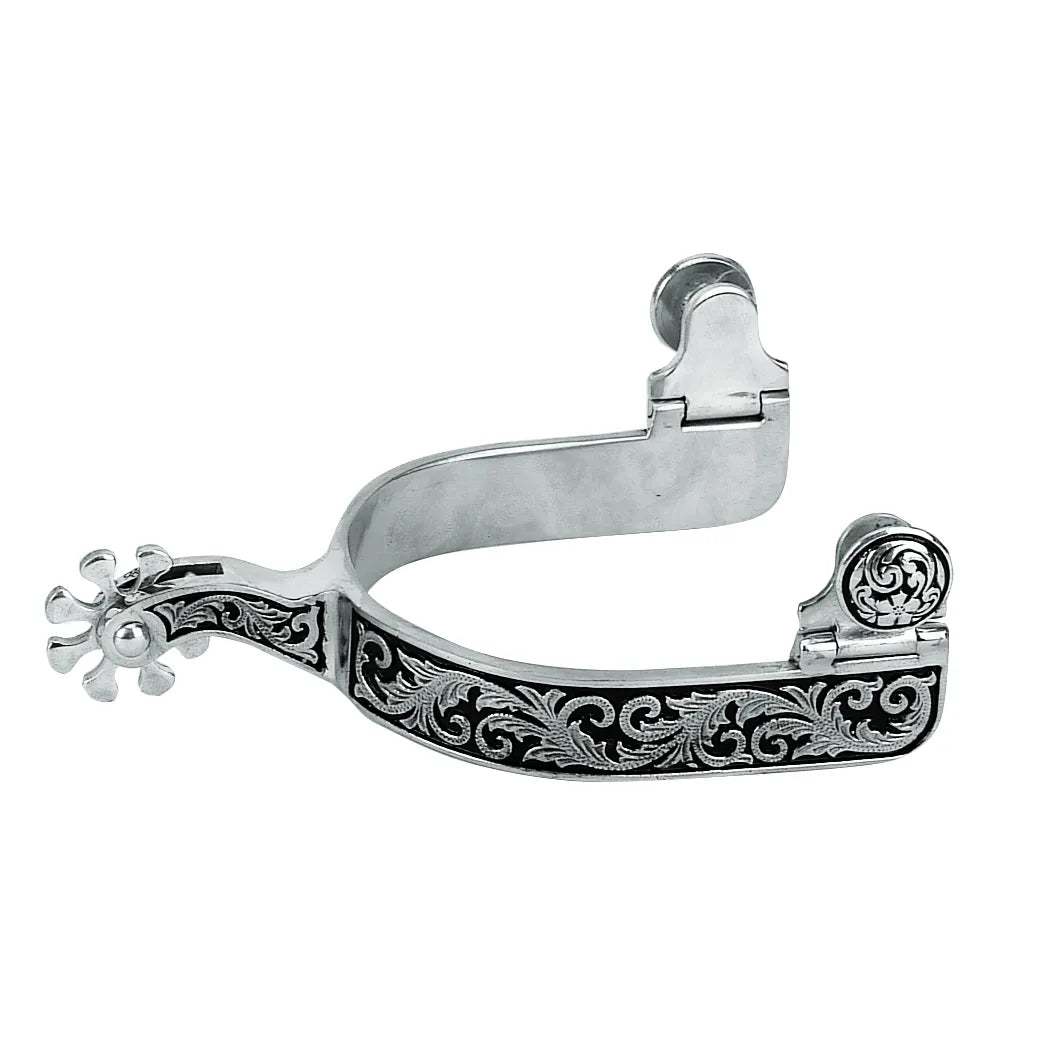 Weaver Equine Men's Engraved Spurs in polished stainless steel. These premium Western horse riding spurs feature high-contrast black floral scroll engraving on the heel band and shank. Designed for performance, they include a 10-point rowel and sturdy swivel buttons for spur straps. A stylish and functional piece of equestrian gear perfect for Western riders looking for decorative yet durable horse tack.