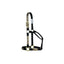 Weaver Equine Nylon Horse Halter with a stylish leopard print pattern and durable gold-tone brass hardware. This adjustable horse halter features comfort double-ply webbing in black nylon with leopard print overlays on the noseband, cheekpieces, and crown. A high-quality piece of equestrian tack perfect for adding a touch of personality to your horse's gear.