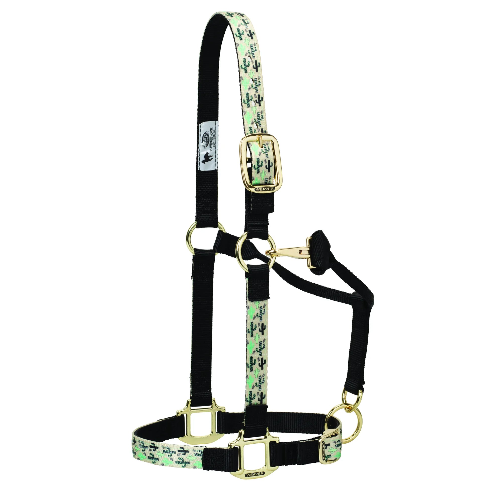 Weaver Equine Nylon Horse Halter featuring a trendy green cactus print overlay on durable black double-ply webbing. This adjustable halter includes high-quality brass-plated hardware, a convenient snap throat latch, and reinforced stitching. Perfect for equestrians looking for stylish, comfortable, and long-lasting horse tack for daily use or shows.