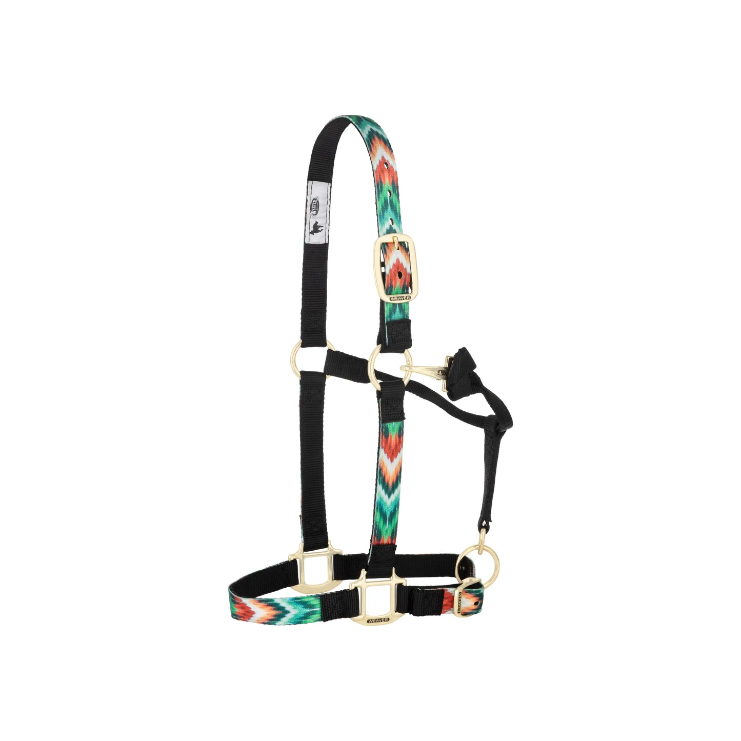 Weaver Equine Nylon Horse Halter featuring a vibrant teal, orange, and white ikat pattern on double-ply webbing. This adjustable halter includes high-quality brass hardware, a black nylon throat latch, and a secure snap closure. Durable and stylish equestrian gear designed for comfort and a custom fit, perfect for daily use, training, or showing your horse.