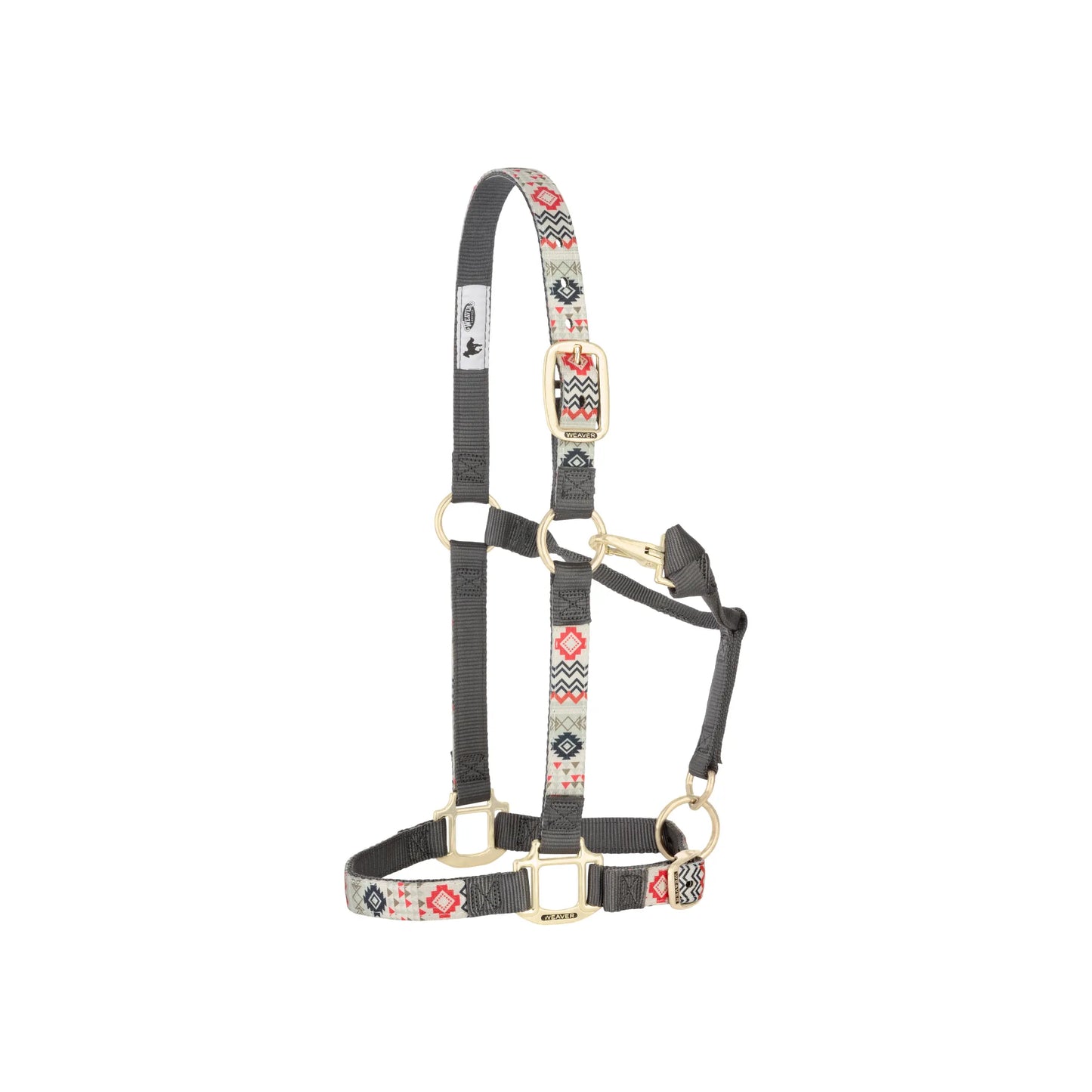 Weaver Equine Nylon Horse Halter featuring a trendy Southwestern pattern in red, black, and beige over durable charcoal grey double-ply webbing. This adjustable horse halter includes heavy-duty brass-plated hardware and a throat snap for easy on and off. A stylish and functional choice for everyday training or paddock use.