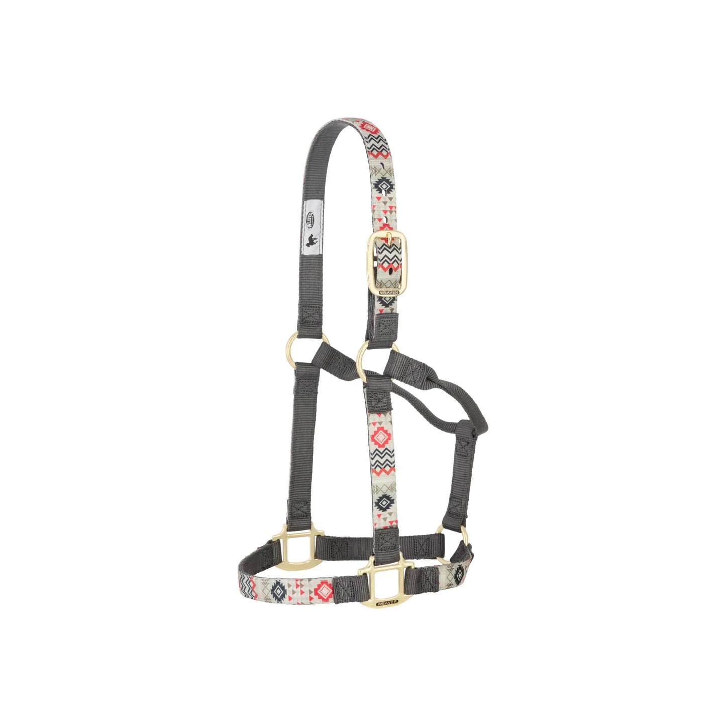 Weaver Equine Nylon Horse Halter with a charcoal grey base and a vibrant red, black, and cream southwestern geometric pattern. This double-ply webbing halter features heavy-duty brass hardware and a non-adjustable noseband for maximum comfort and durability. A stylish, high-quality choice for daily horse care, turnout, and travel.