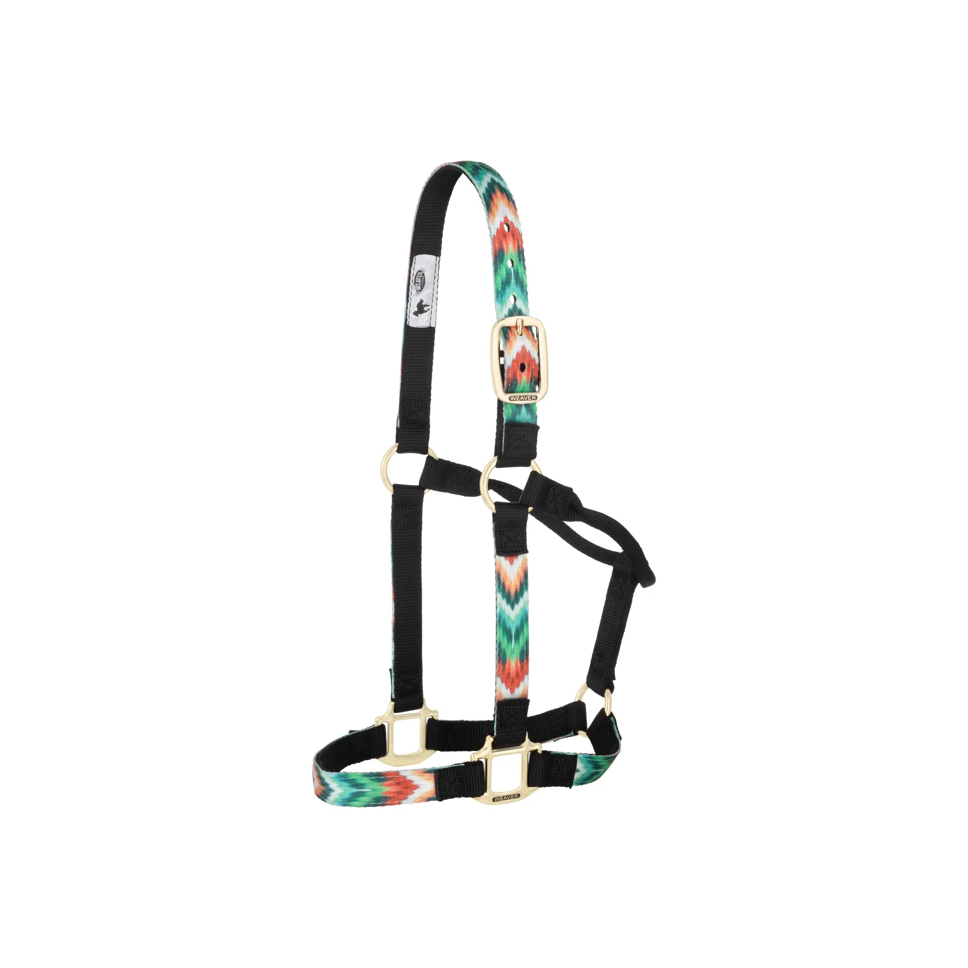 Weaver Equine Nylon Horse Halter in a vibrant teal, orange, and green geometric Aztec pattern. Crafted with premium double-ply webbing for durability and comfort, this non-adjustable halter features elegant gold-tone brass hardware and black nylon reinforcements. A stylish addition to any horse’s tack collection, perfect for daily use. High-quality equine gear designed for performance and flair.