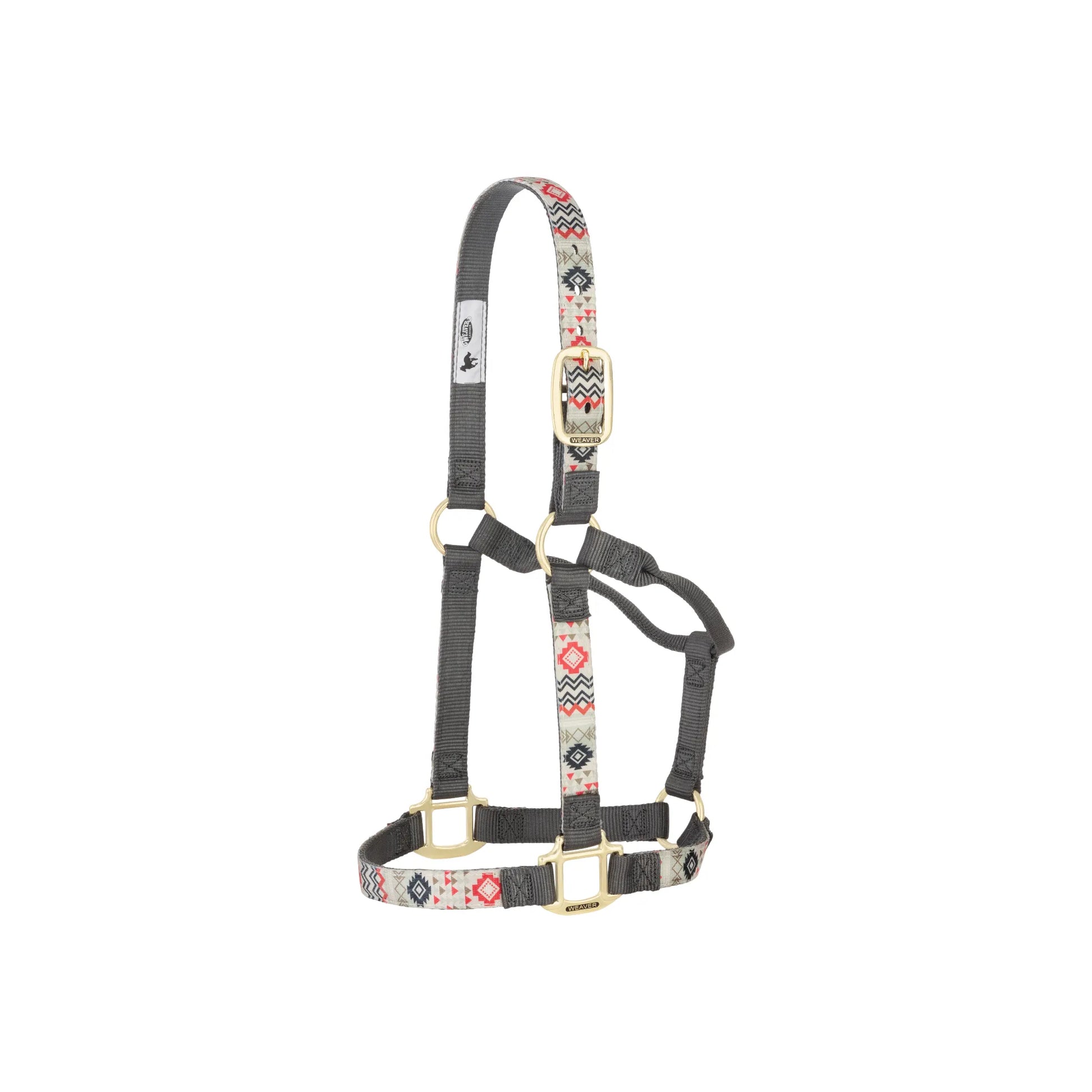 Weaver Equine Nylon Horse Halter featuring a stylish southwestern geometric pattern in red, cream, and grey. This durable, double-ply dark grey nylon halter is accented with high-quality brass hardware and a non-adjustable noseband. A blend of comfort and western flair, perfect for everyday equestrian use, horse shows, and grooming.