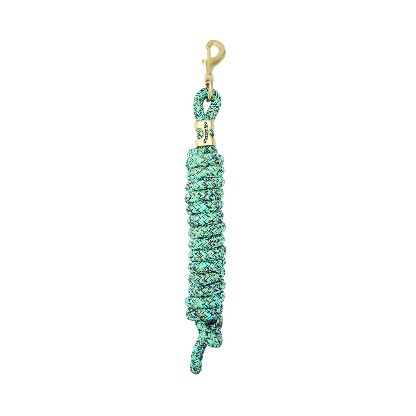 Weaver Equine Performance Lead Rope in a stylish teal and black patterned braided design. This durable horse lead rope features a high-quality solid brass bolt snap and a branded brass ferrule for long-lasting performance. Perfectly coiled for storage, this comfortable lead is ideal for training, grooming, and everyday equine handling.