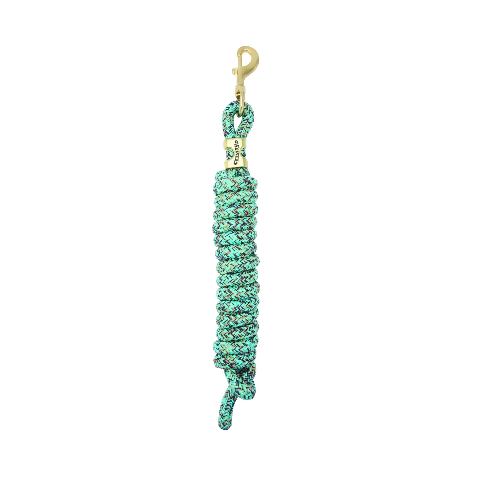 Weaver Equine Performance Lead Rope in a stylish teal and black patterned braided design. This durable horse lead rope features a high-quality solid brass bolt snap and a branded brass ferrule for long-lasting performance. Perfectly coiled for storage, this comfortable lead is ideal for training, grooming, and everyday equine handling.