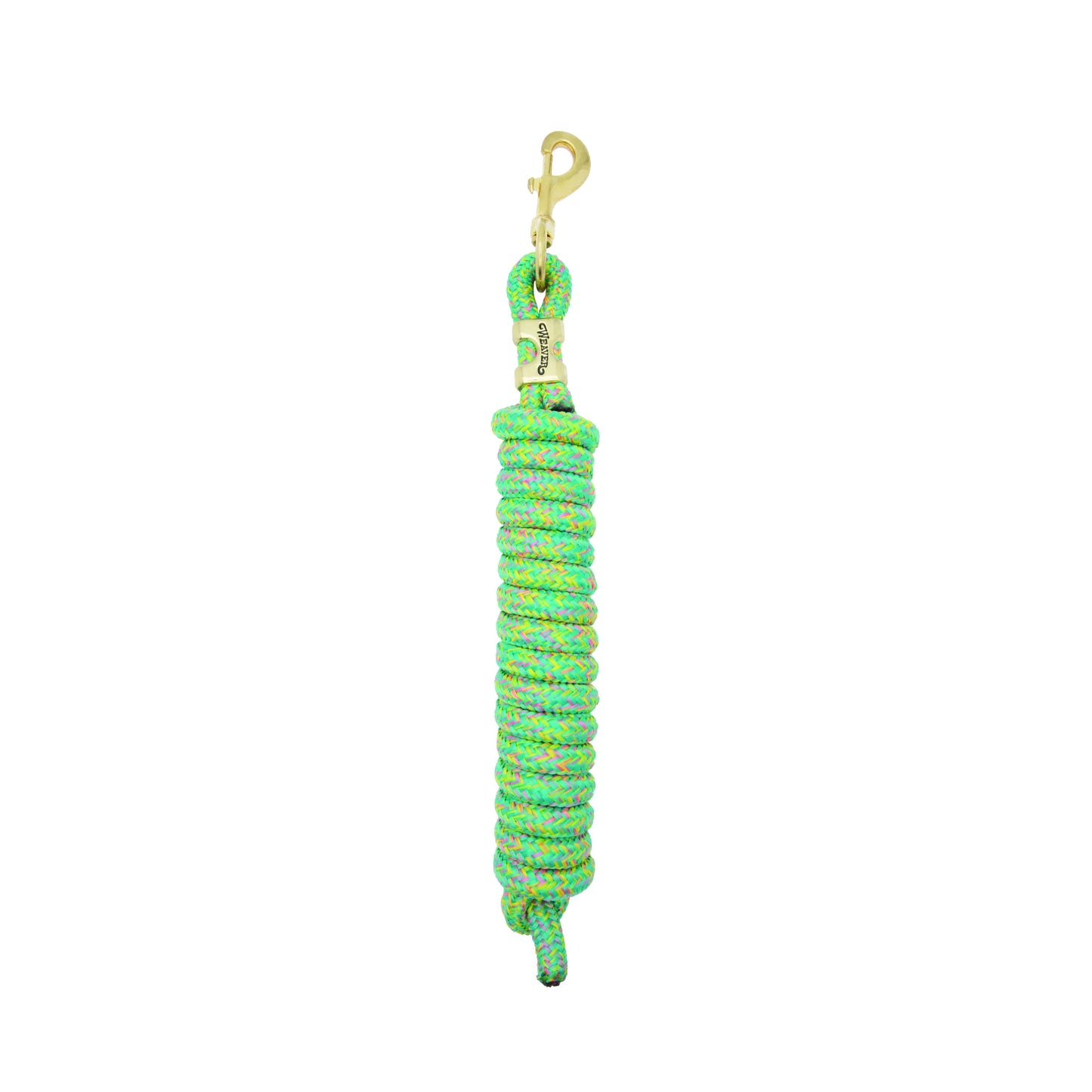 Weaver Equine Performance Lead Rope in a vibrant neon green multi-color braided poly design. This durable horse handling essential features a premium solid brass bolt snap and an engraved brass Weaver brand plate. Engineered for strength and comfort during horse training, this high-quality performance lead rope blends eye-catching style with professional-grade quality for equestrians.