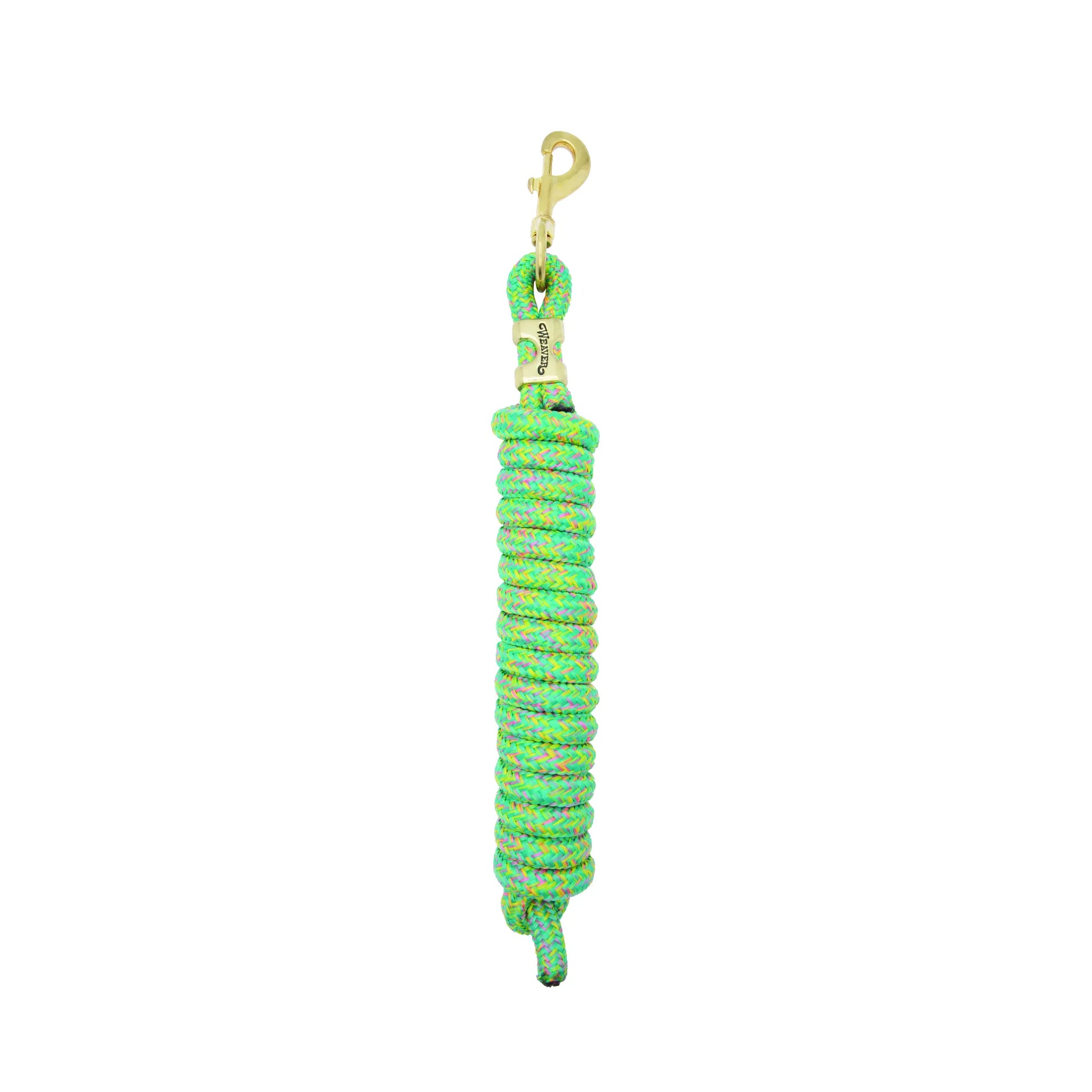 Weaver Equine Performance Lead Rope in a vibrant neon green multi-color braided poly design. This durable horse handling essential features a premium solid brass bolt snap and an engraved brass Weaver brand plate. Engineered for strength and comfort during horse training, this high-quality performance lead rope blends eye-catching style with professional-grade quality for equestrians.