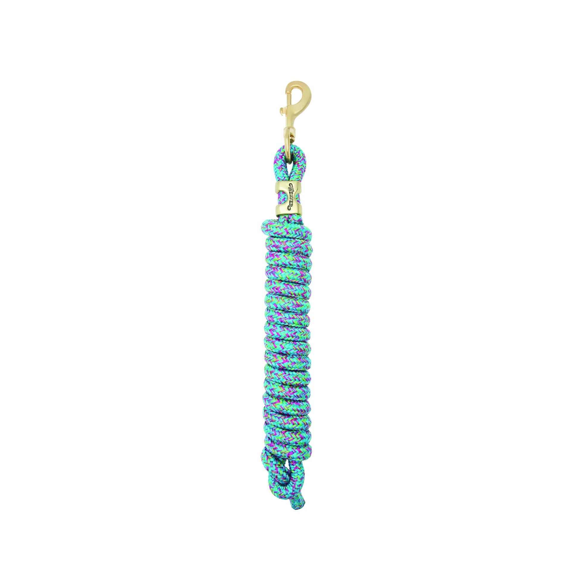 Coiled Weaver Equine Performance Lead Rope featuring a vibrant teal, purple, and magenta braided design. This high-quality horse lead rope includes a durable brass snap hook and signature gold-toned Weaver hardware. Perfect for horse training and everyday equestrian barn use.