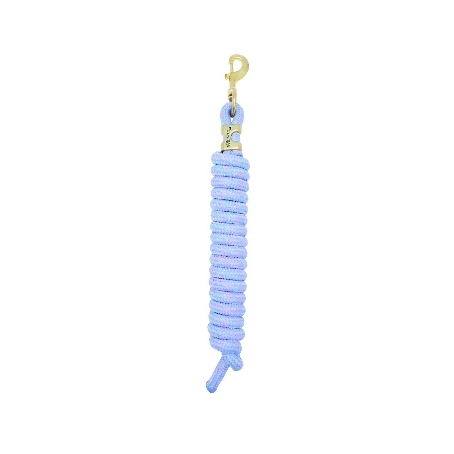 Weaver Equine Performance Lead Rope in a vibrant periwinkle and lilac lavender variegated pattern. Features a premium solid brass bolt snap for secure attachment and a soft-touch braided poly rope for a comfortable grip. This durable and stylish horse lead rope is an essential piece of equine equipment for daily handling and training, offering both strength and a modern look for your horse tack collection.