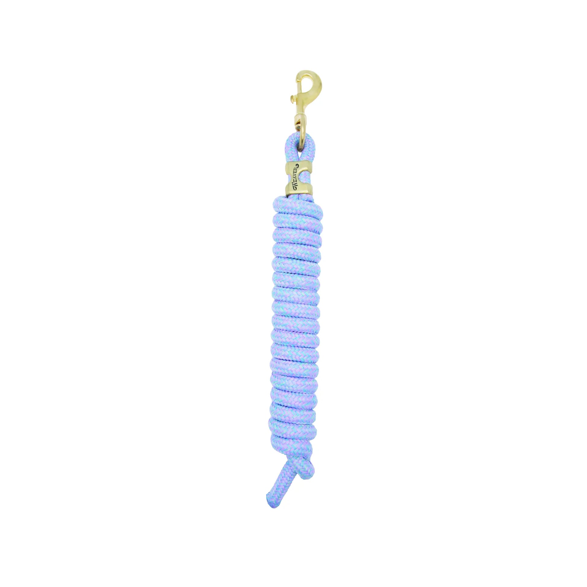 Weaver Equine Performance Lead Rope in a vibrant periwinkle and lilac lavender variegated pattern. Features a premium solid brass bolt snap for secure attachment and a soft-touch braided poly rope for a comfortable grip. This durable and stylish horse lead rope is an essential piece of equine equipment for daily handling and training, offering both strength and a modern look for your horse tack collection.