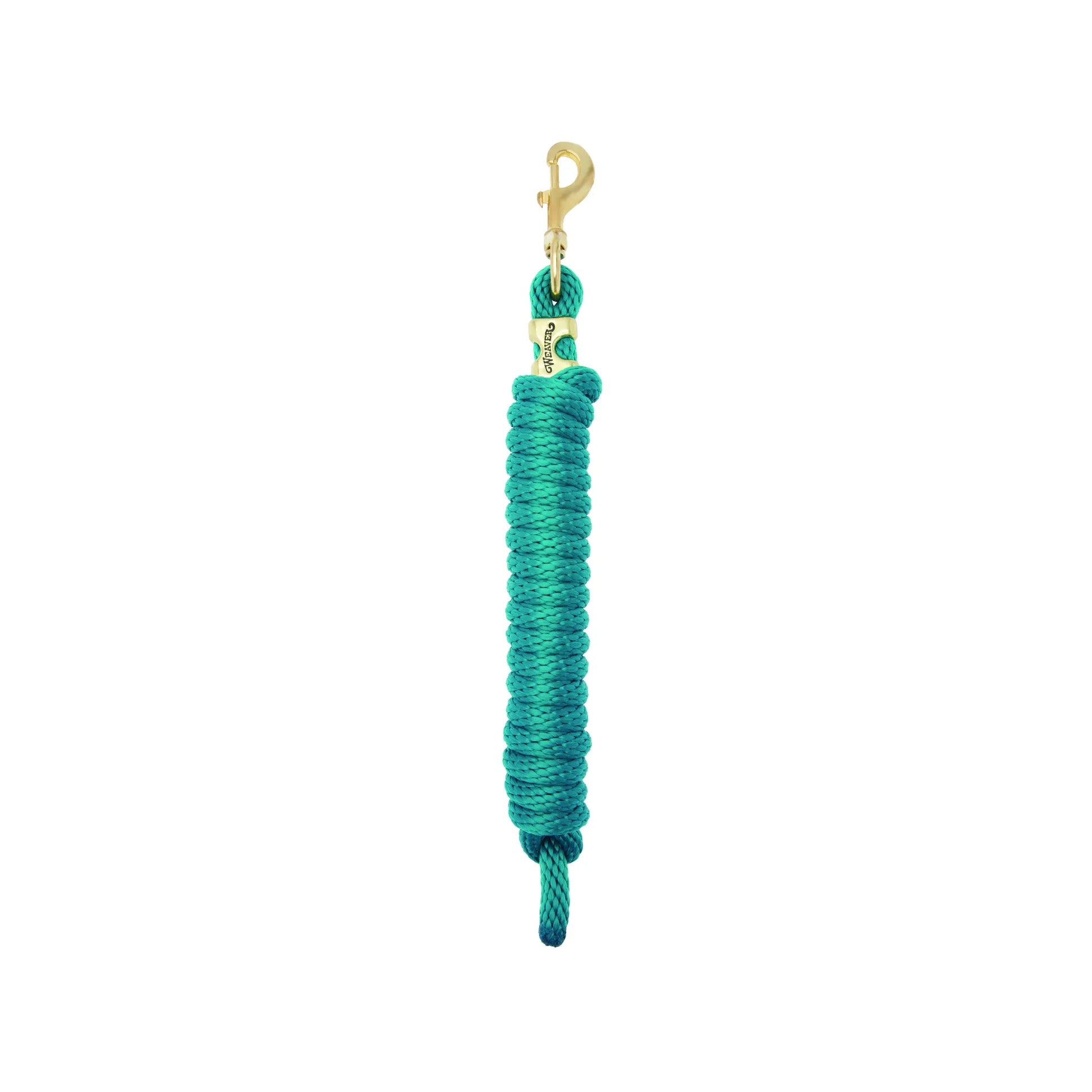 Teal Weaver Equine Performance Lead Rope with a durable braided design and a solid brass bolt snap for secure horse handling. This high-quality equestrian lead rope features a stylish brass brand tag and provides a comfortable, heavy-duty grip for training and daily barn use. Perfect for horse owners seeking reliable and professional-grade tack.