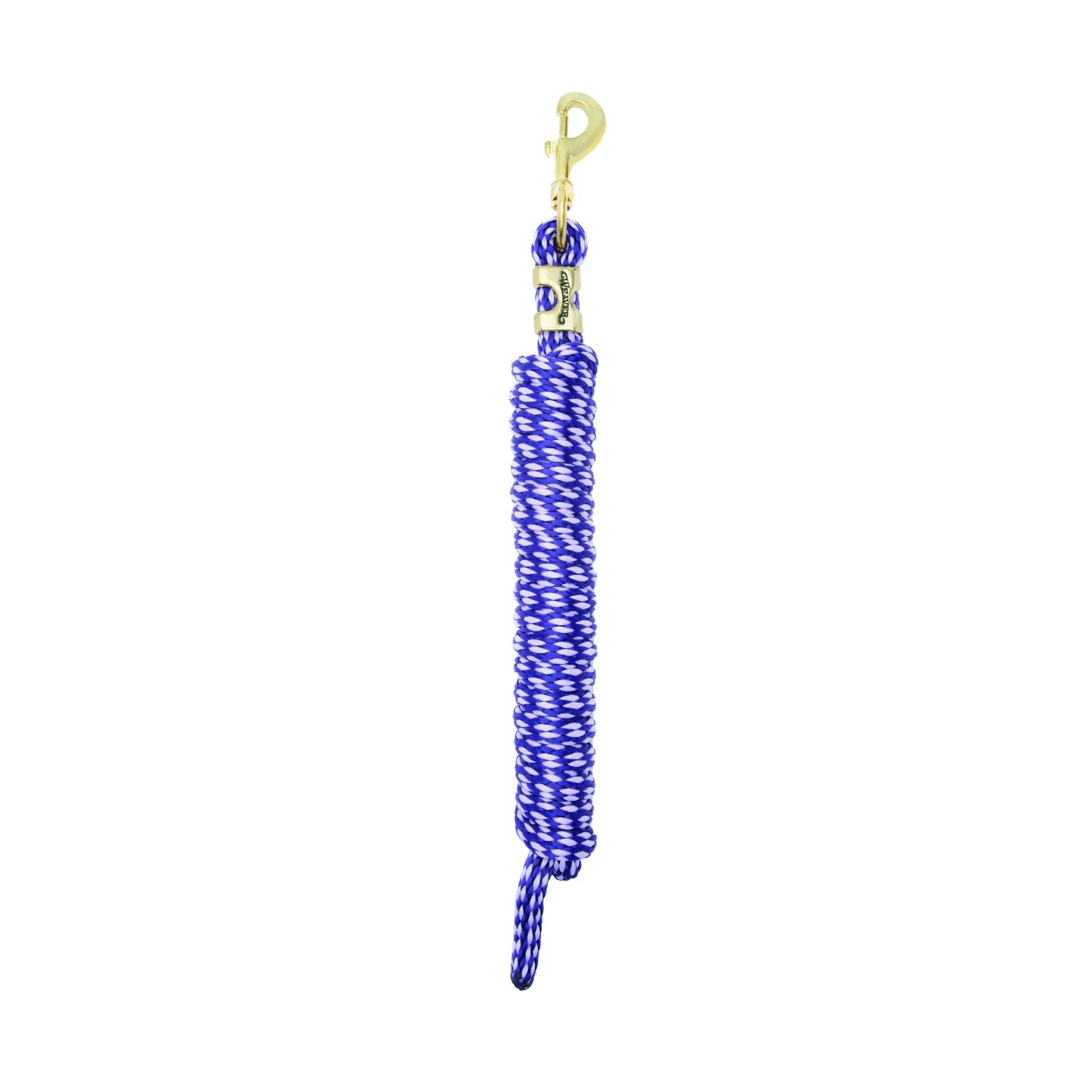Weaver Equine Performance Lead Rope in a vibrant royal blue and white braided design. This durable horse lead rope features a heavy-duty, brass-plated swivel snap hook for secure attachment and a comfortable, easy-to-grip poly rope material. Finished with a branded Weaver metal ferrule, it’s a high-quality, essential piece of horse tack for daily leading, training, and barn use.
