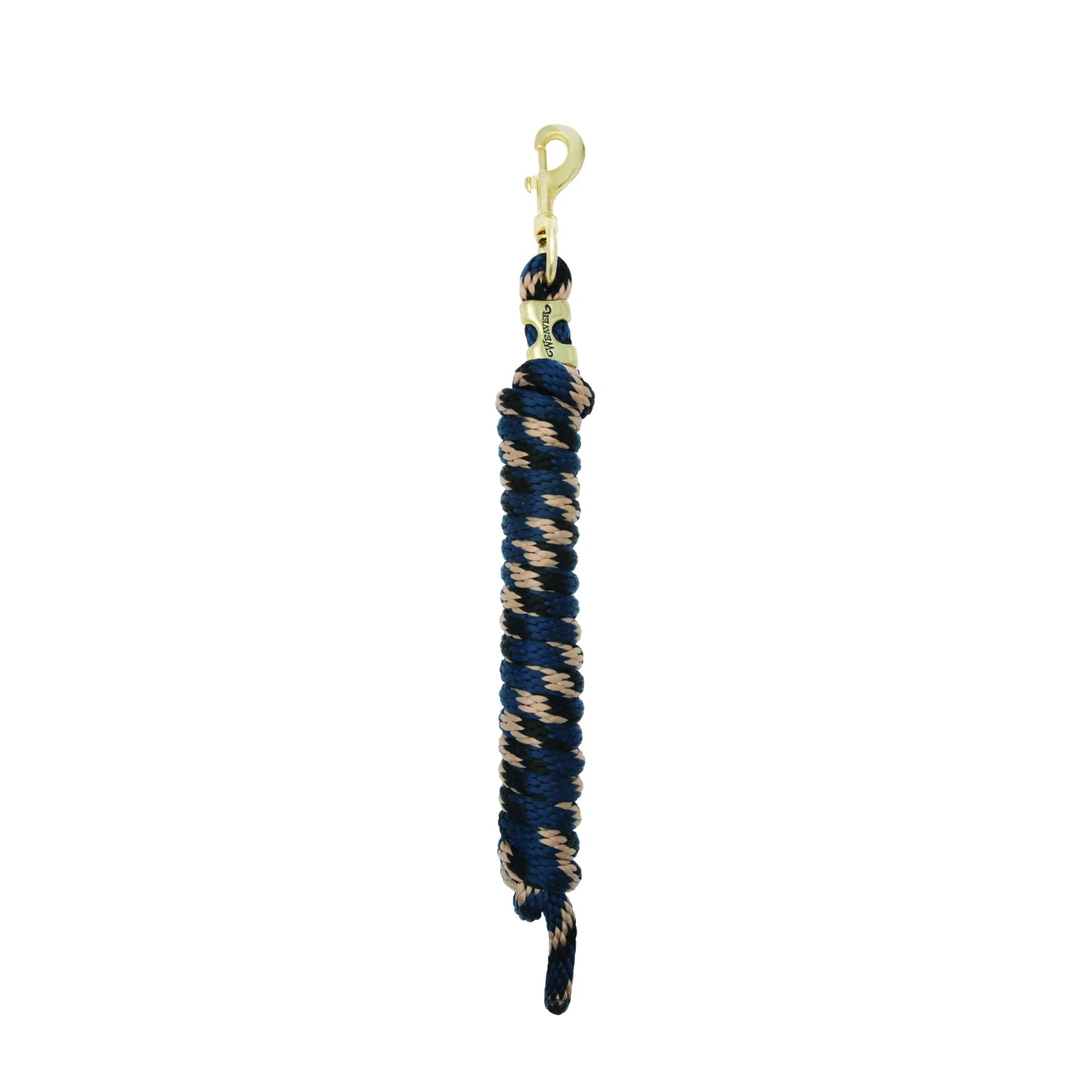 Weaver Equine Performance Lead Rope in a navy, tan, and black braided pattern. This heavy-duty horse lead rope features a high-quality brass-plated swivel snap for secure attachment and ease of use. Designed for maximum comfort and durability, it's an essential piece of equestrian gear for daily horse handling and training.