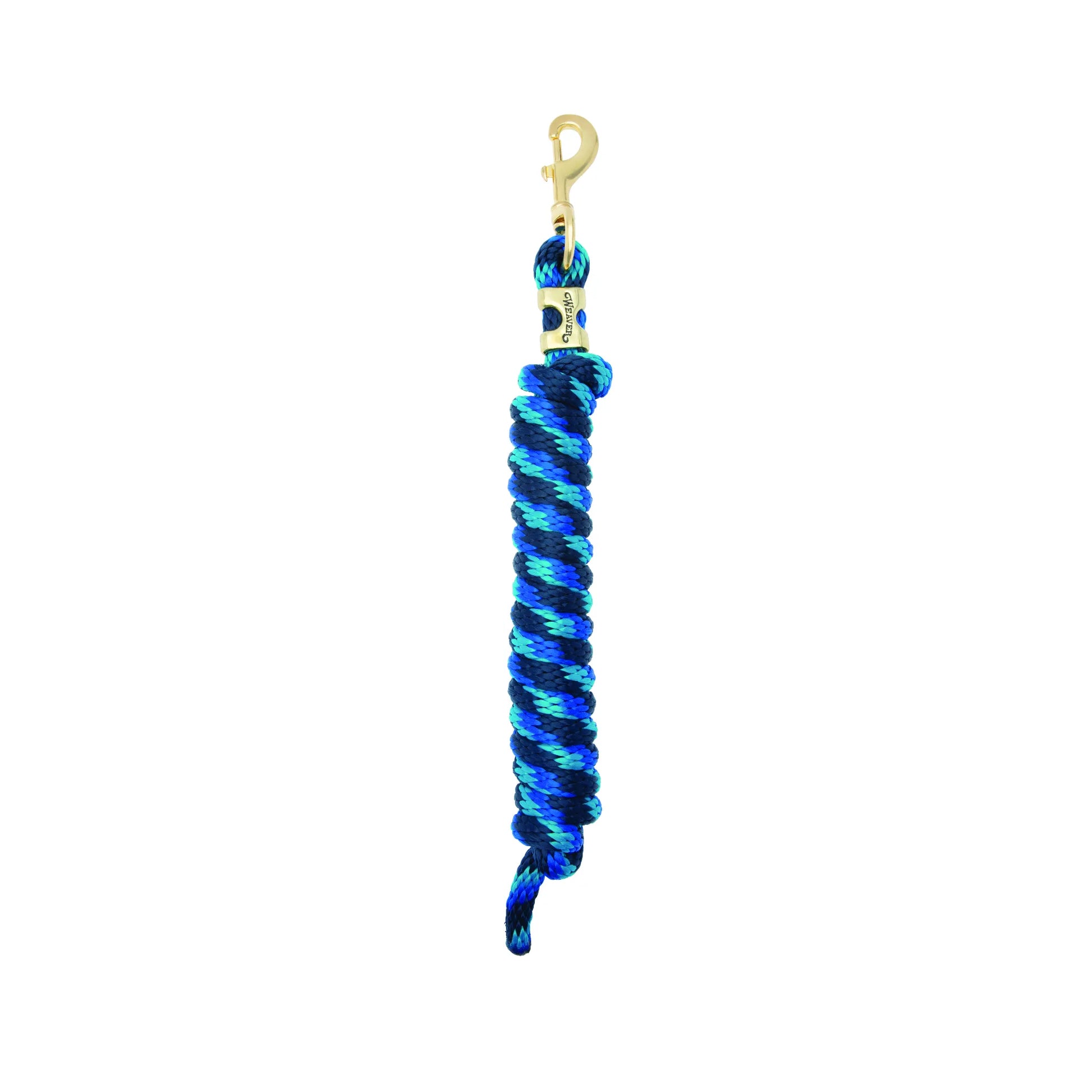 Weaver Equine Performance Lead Rope featuring a stylish navy, light blue, and teal braided design. This durable poly horse lead rope includes a heavy-duty brass bull snap and a comfortable, break-in-free feel. Perfect for everyday equestrian use, training, and secure horse handling.