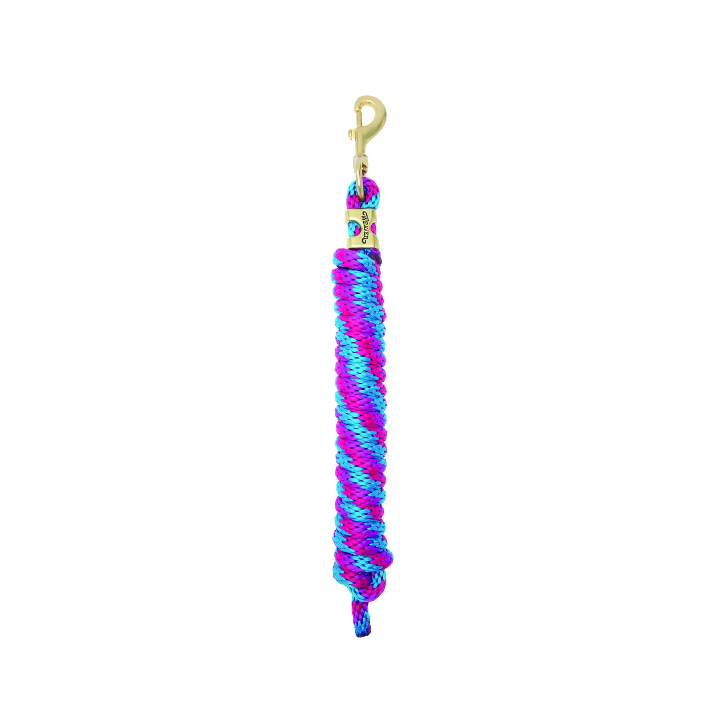 Weaver Equine Performance Lead Rope featuring a vibrant magenta, purple, and teal blue braided pattern. This durable horse lead includes a high-quality brass-plated bolt snap and a branded Weaver brass accent for a premium look. Designed for comfort and strength, this multi-colored lead rope is perfect for everyday horse handling, grooming, and stable use. A stylish addition to your equine tack collection that combines functionality with eye-catching design.