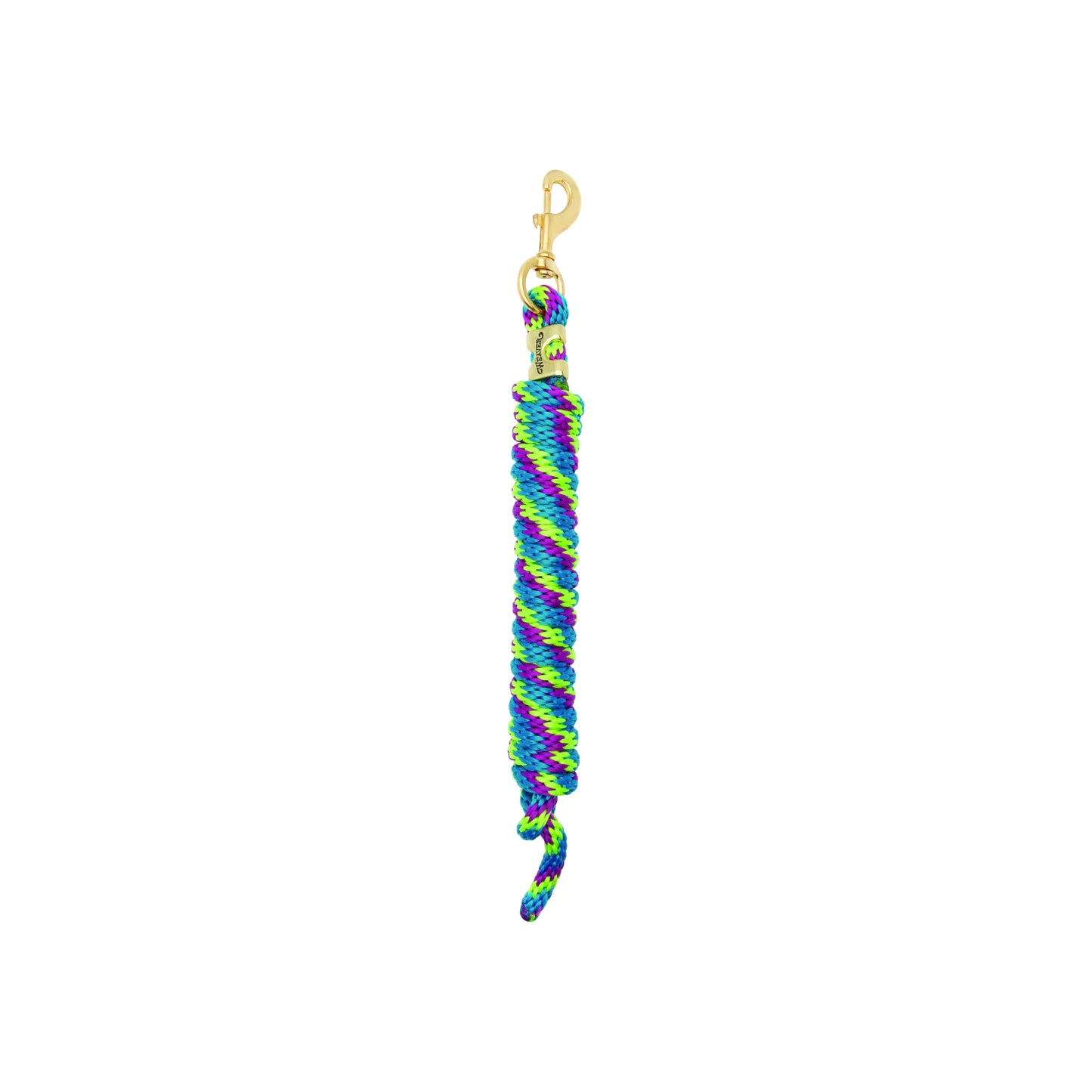 Vibrant Weaver Equine Performance Lead Rope featuring a neon green, turquoise, and purple braided multi-color design. This durable horse lead includes a high-quality gold brass snap hook and signature Weaver branding. Comfortable and stylish, this equestrian lead rope is ideal for horse training, shows, and everyday grooming. High-quality horse tack for reliability and performance.