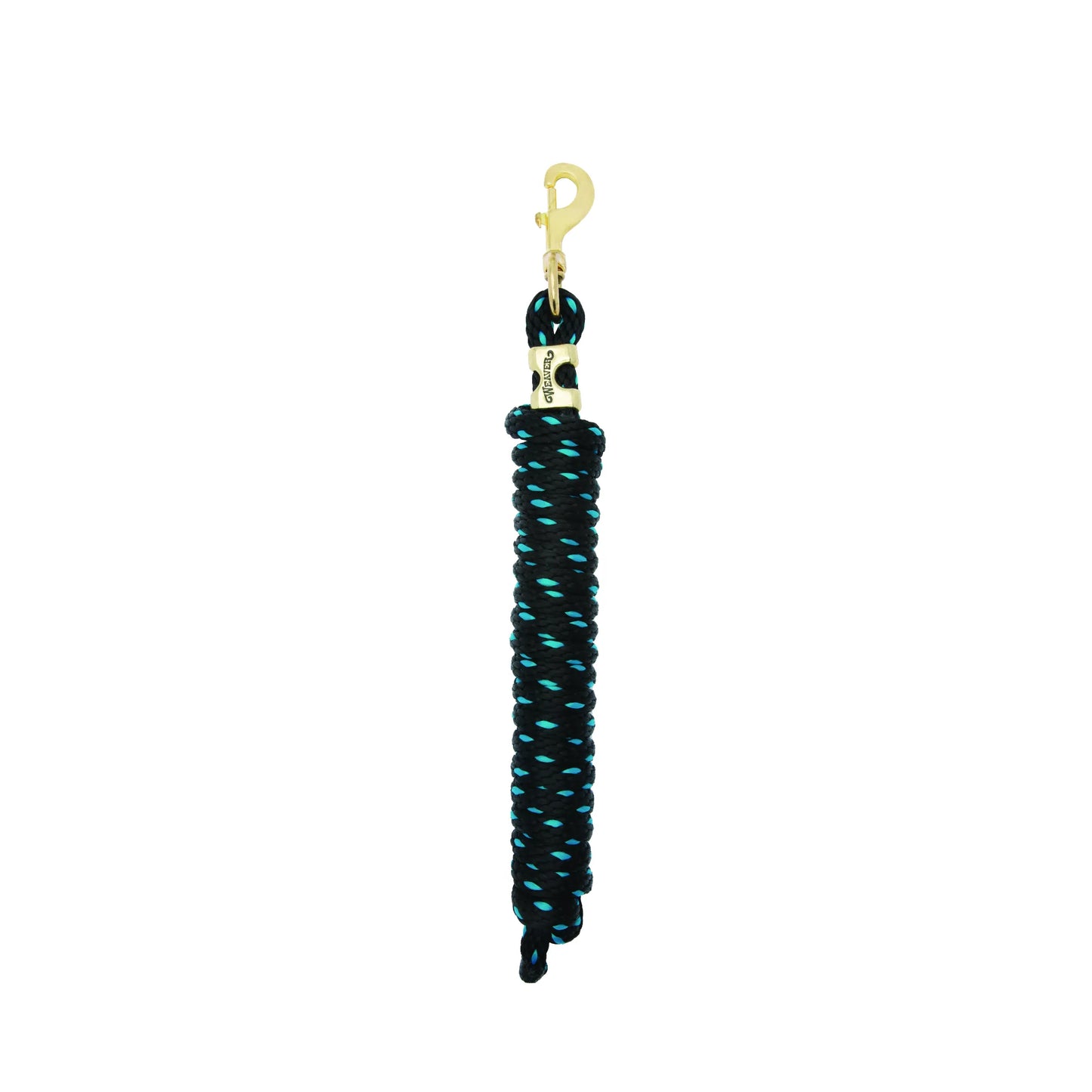 Weaver Equine Performance Lead Rope in a stylish black and turquoise braided pattern. This durable horse lead features a heavy-duty solid brass bolt snap and brand accent for a professional look. Designed for comfort and strength, this high-quality equestrian training rope is perfect for daily handling, ranch work, and horse shows. A must-have addition to your horse tack collection.
