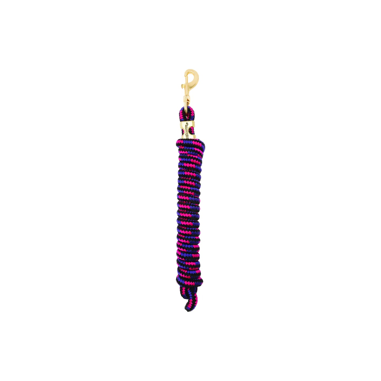 Weaver Equine Performance Lead Rope featuring a durable pink, purple, and black braided design. This high-quality horse lead rope includes a brass-plated swivel snap for secure attachment. Stylish and comfortable equestrian gear for daily horse handling, training, and barn use. Ideal for horse owners looking for vibrant and reliable horse tack.