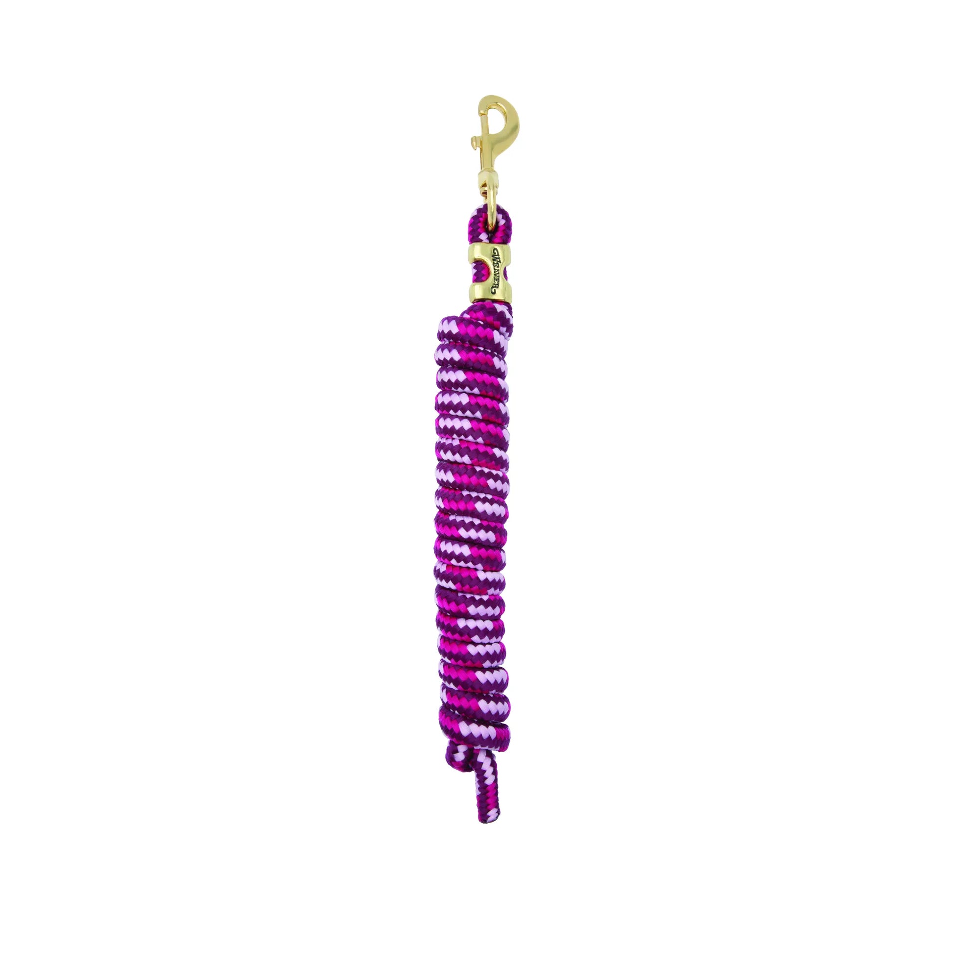 Weaver Equine Performance Lead Rope featuring a vibrant purple, pink, and white braided pattern. This durable horse lead rope includes a sturdy gold-toned brass bolt snap for secure attachment and a branded Weaver brass ferrule. A high-quality equestrian accessory designed for comfort and strength during horse handling and training.