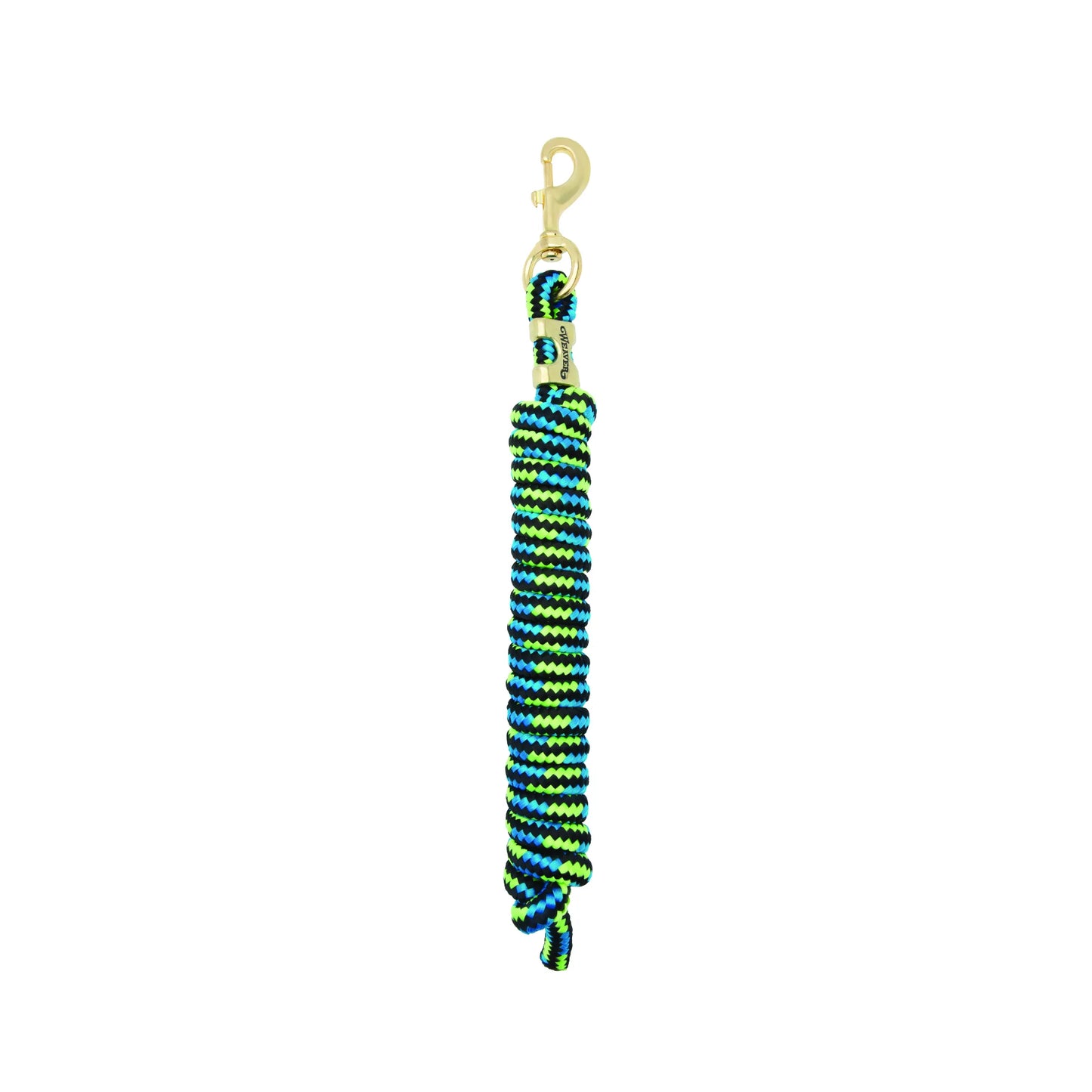 Weaver Equine Performance Lead Rope featuring a vibrant black, blue, and lime green braided design. This durable horse lead includes a high-quality solid brass bolt snap and a gold-tone branded band. Designed for comfort and strength, it's an essential piece of equestrian gear for daily horse handling and training.