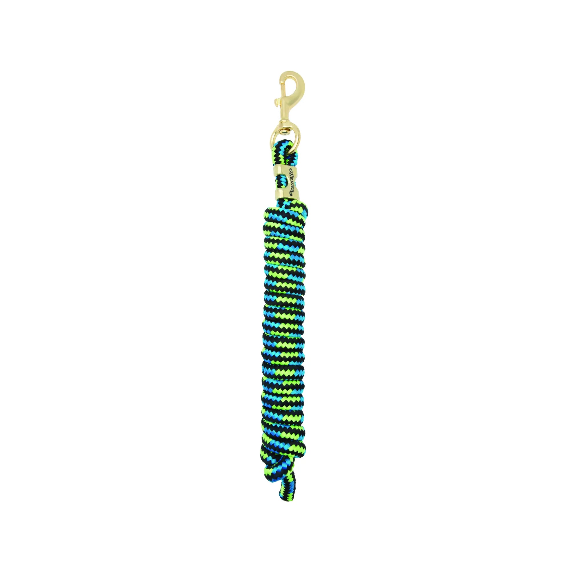 Weaver Equine Performance Lead Rope featuring a vibrant black, blue, and lime green braided design. This durable horse lead includes a high-quality solid brass bolt snap and a gold-tone branded band. Designed for comfort and strength, it's an essential piece of equestrian gear for daily horse handling and training.