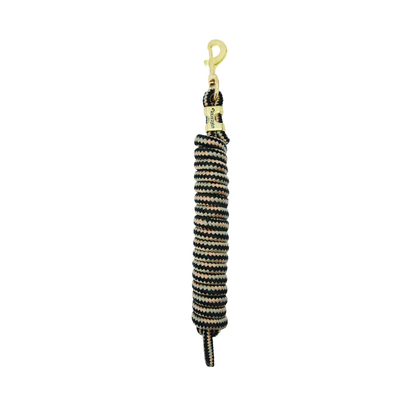 Weaver Equine Performance Lead Rope in a premium black, tan, and beige braided pattern. Features a heavy-duty solid brass snap hook and matching gold ferrule with the Weaver logo. This durable, comfortable horse lead rope is perfect for equestrian training, handling, and daily use. A high-quality, professional-grade lead for horses that combines style with reliable strength.