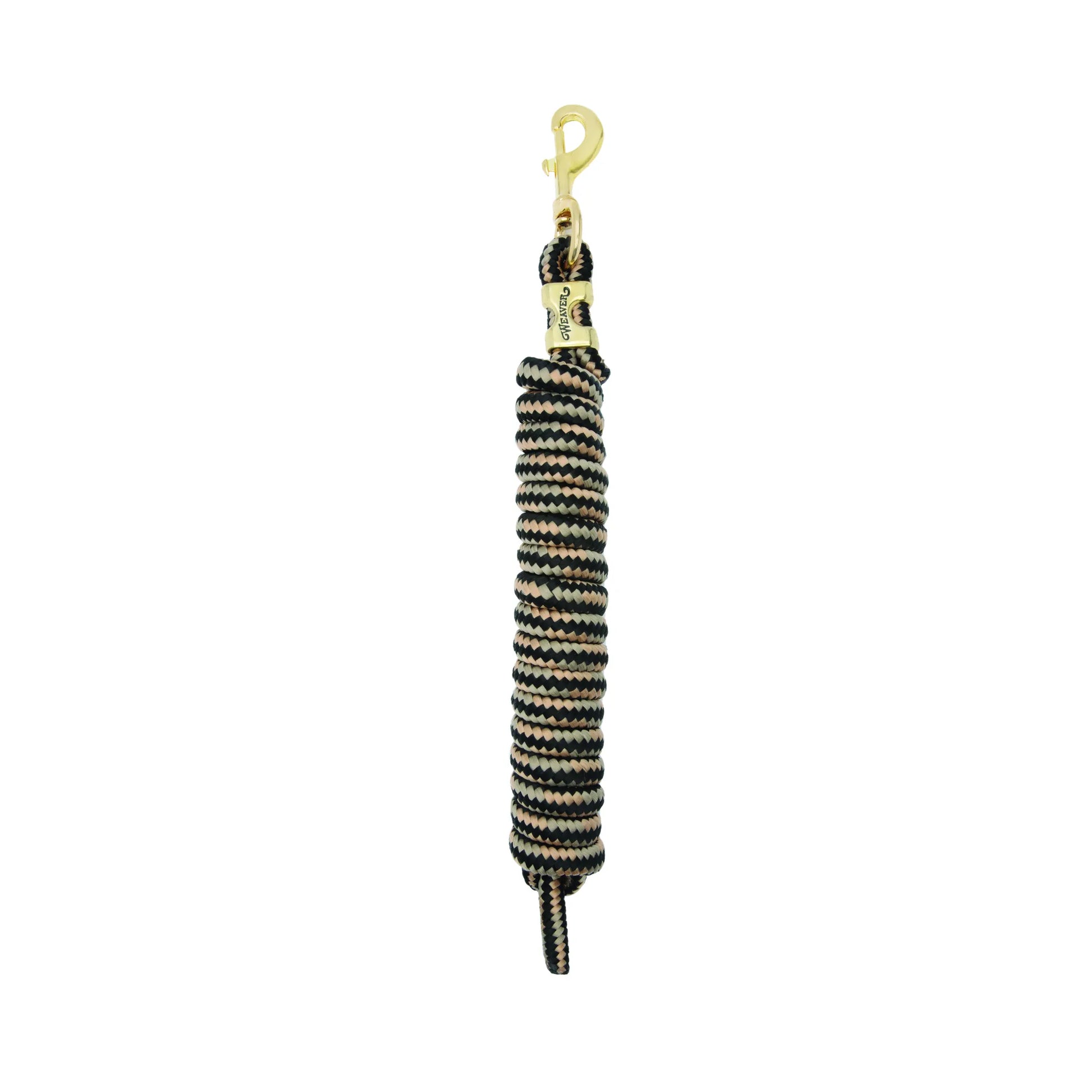 Weaver Equine Performance Lead Rope in a premium black, tan, and beige braided pattern. Features a heavy-duty solid brass snap hook and matching gold ferrule with the Weaver logo. This durable, comfortable horse lead rope is perfect for equestrian training, handling, and daily use. A high-quality, professional-grade lead for horses that combines style with reliable strength.