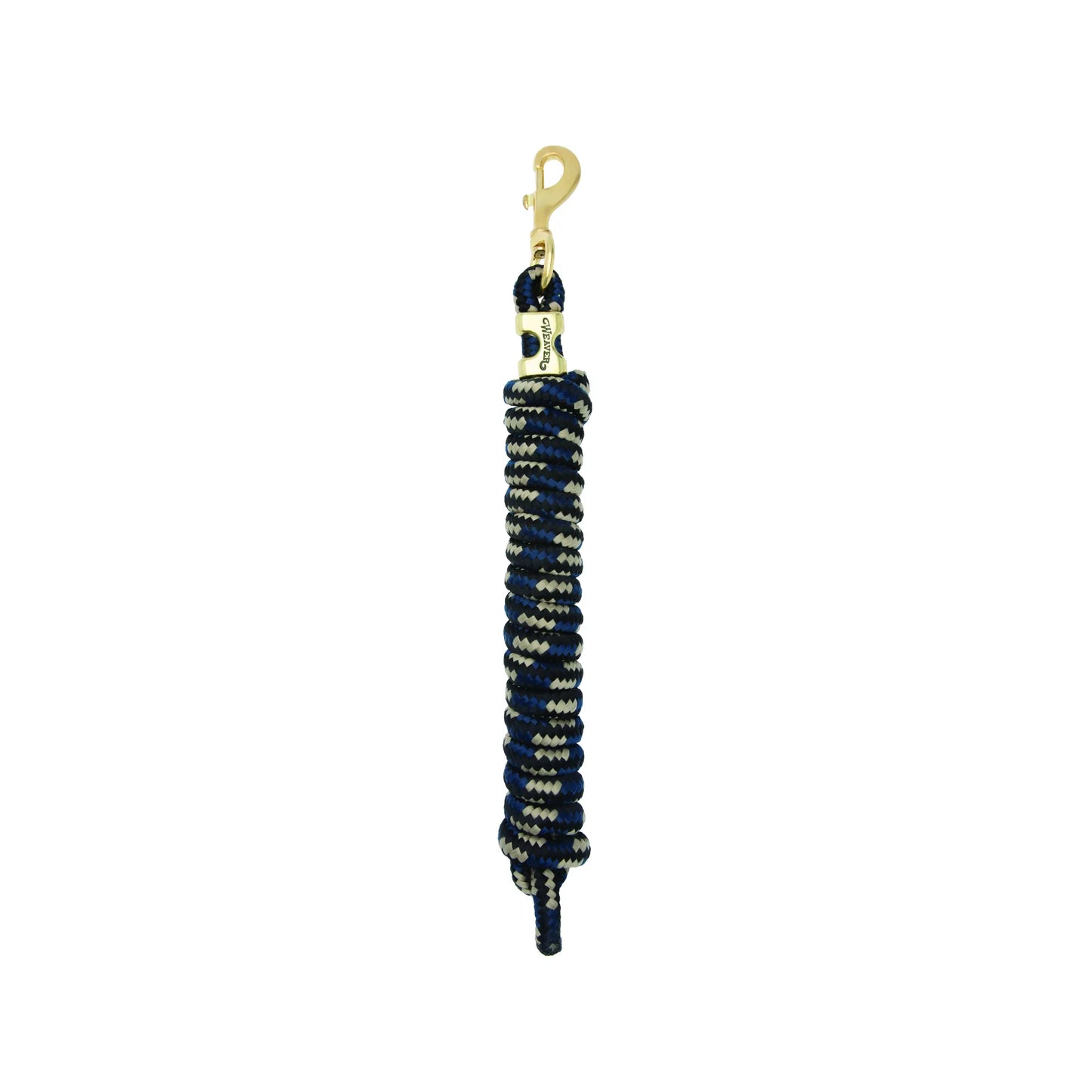 High-quality Weaver Equine Performance Lead Rope featuring a stylish blue, tan, and black braided pattern. This durable horse lead rope includes a heavy-duty gold-toned brass snap hook and a branded metal accent. Perfect for daily horse handling, training, and equestrian use, offering both comfort and strength in a classic design.