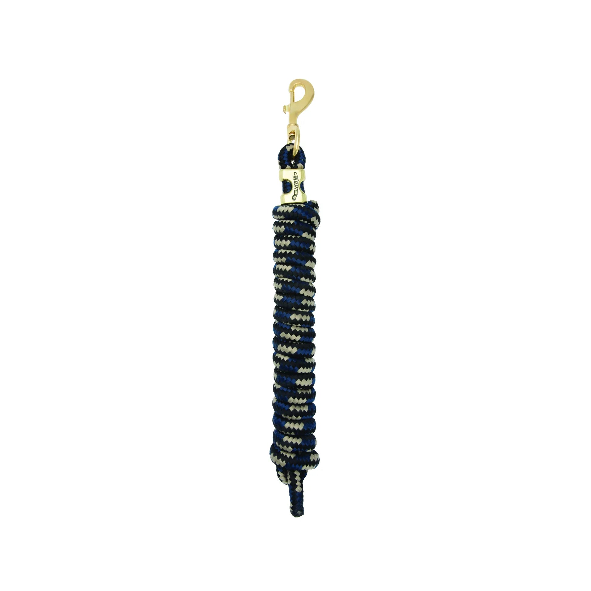 High-quality Weaver Equine Performance Lead Rope featuring a stylish blue, tan, and black braided pattern. This durable horse lead rope includes a heavy-duty gold-toned brass snap hook and a branded metal accent. Perfect for daily horse handling, training, and equestrian use, offering both comfort and strength in a classic design.