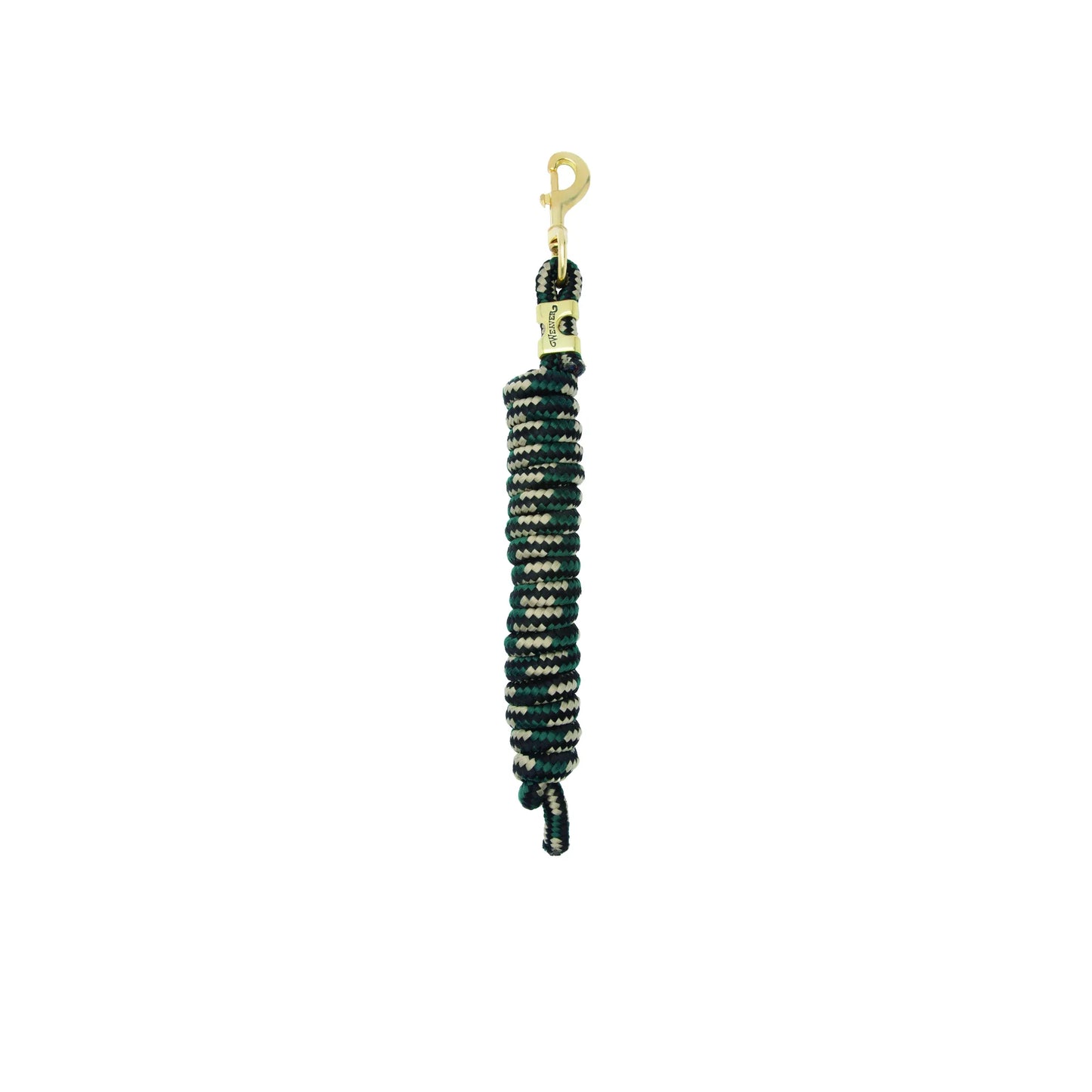 Weaver Equine Performance Lead Rope featuring a durable hunter green and tan braided pattern. This high-quality horse lead rope includes a heavy-duty brass snap for secure attachment and a comfortable grip for easy handling. A must-have piece of equestrian tack for daily use, training, or travel, designed for both style and long-lasting performance.