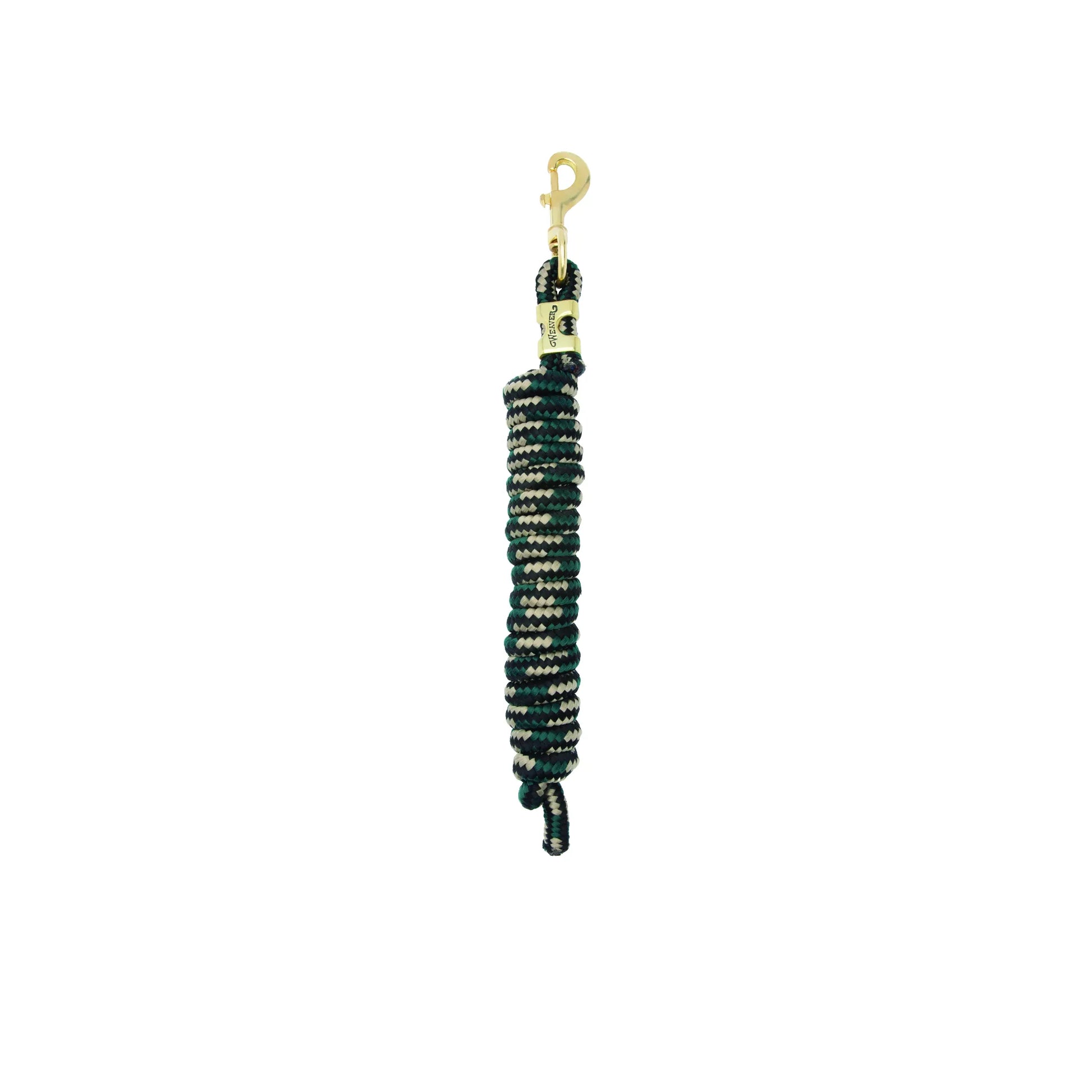 Weaver Equine Performance Lead Rope featuring a durable hunter green and tan braided pattern. This high-quality horse lead rope includes a heavy-duty brass snap for secure attachment and a comfortable grip for easy handling. A must-have piece of equestrian tack for daily use, training, or travel, designed for both style and long-lasting performance.