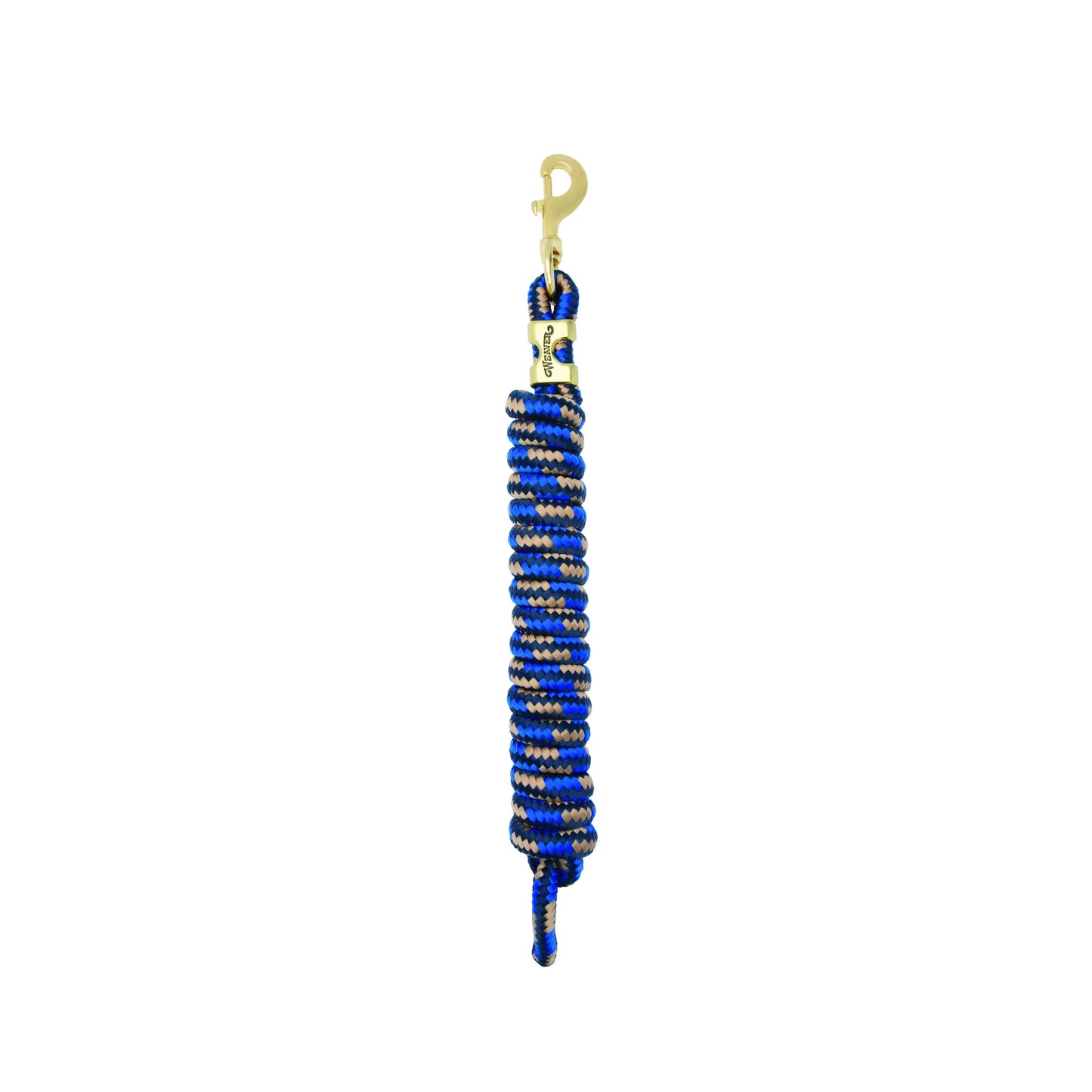 Weaver Equine Performance Lead Rope featuring a premium blue and tan braided pattern with a heavy-duty brass snap. This durable and comfortable horse lead rope is ideal for daily handling, groundwork, and training. Perfect for equestrians seeking high-quality horse tack, the stylish patterned rope offers a secure grip and professional performance for horses of all sizes.