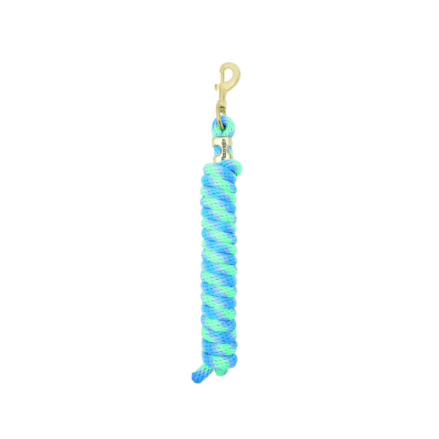 Weaver Equine Performance Lead Rope featuring a vibrant lime green and light blue braided pattern. This durable, heavy-duty nylon rope includes a solid brass-plated bolt snap for secure attachment and ease of use. A stylish and functional horse tack essential, perfect for equestrian grooming, leading, and daily horse care routines.