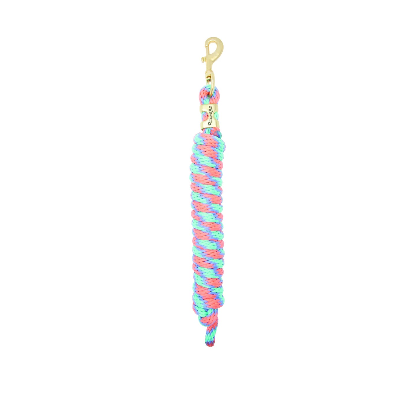 Weaver Equine Performance Lead Rope for horses featuring a vibrant pink, blue, and lime green spiral braided design. This durable horse lead rope includes a high-quality solid brass swivel bolt snap and an engraved gold-tone Weaver ferrule. Designed for comfort and long-lasting use, it's the perfect stylish accessory for training, leading, and everyday equestrian care.