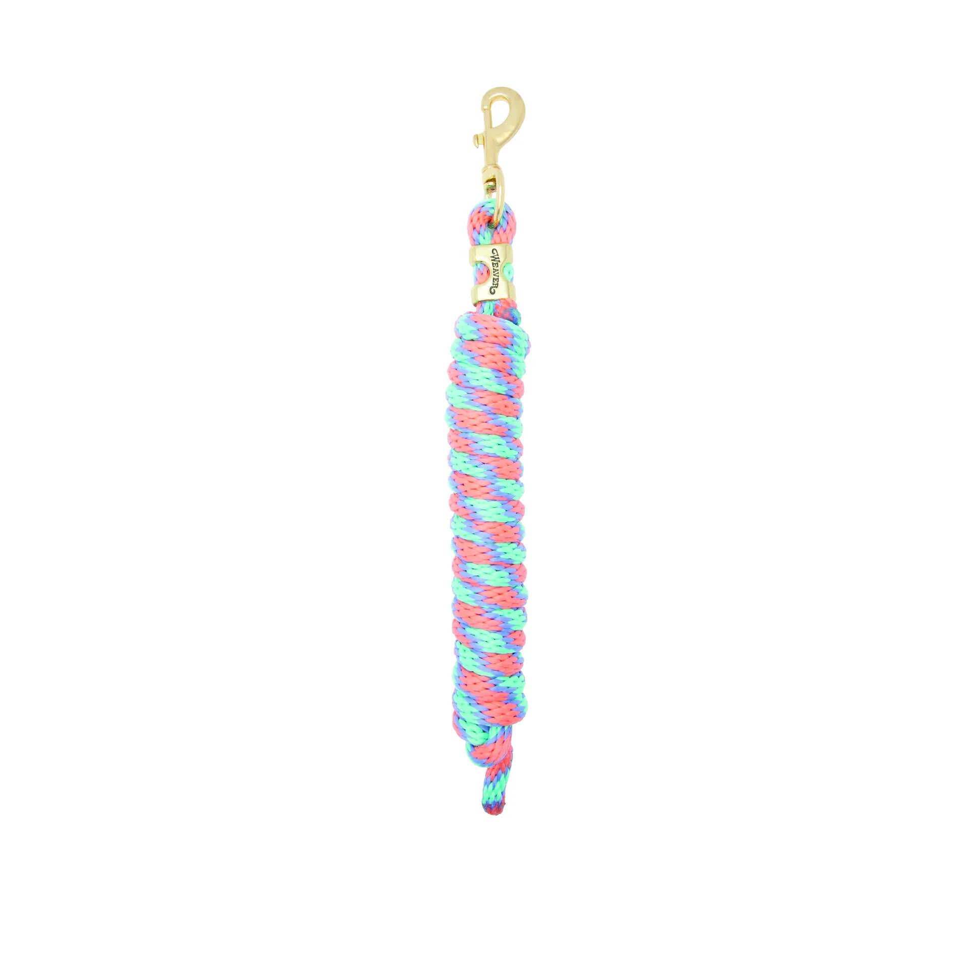 Weaver Equine Performance Lead Rope for horses featuring a vibrant pink, blue, and lime green spiral braided design. This durable horse lead rope includes a high-quality solid brass swivel bolt snap and an engraved gold-tone Weaver ferrule. Designed for comfort and long-lasting use, it's the perfect stylish accessory for training, leading, and everyday equestrian care.