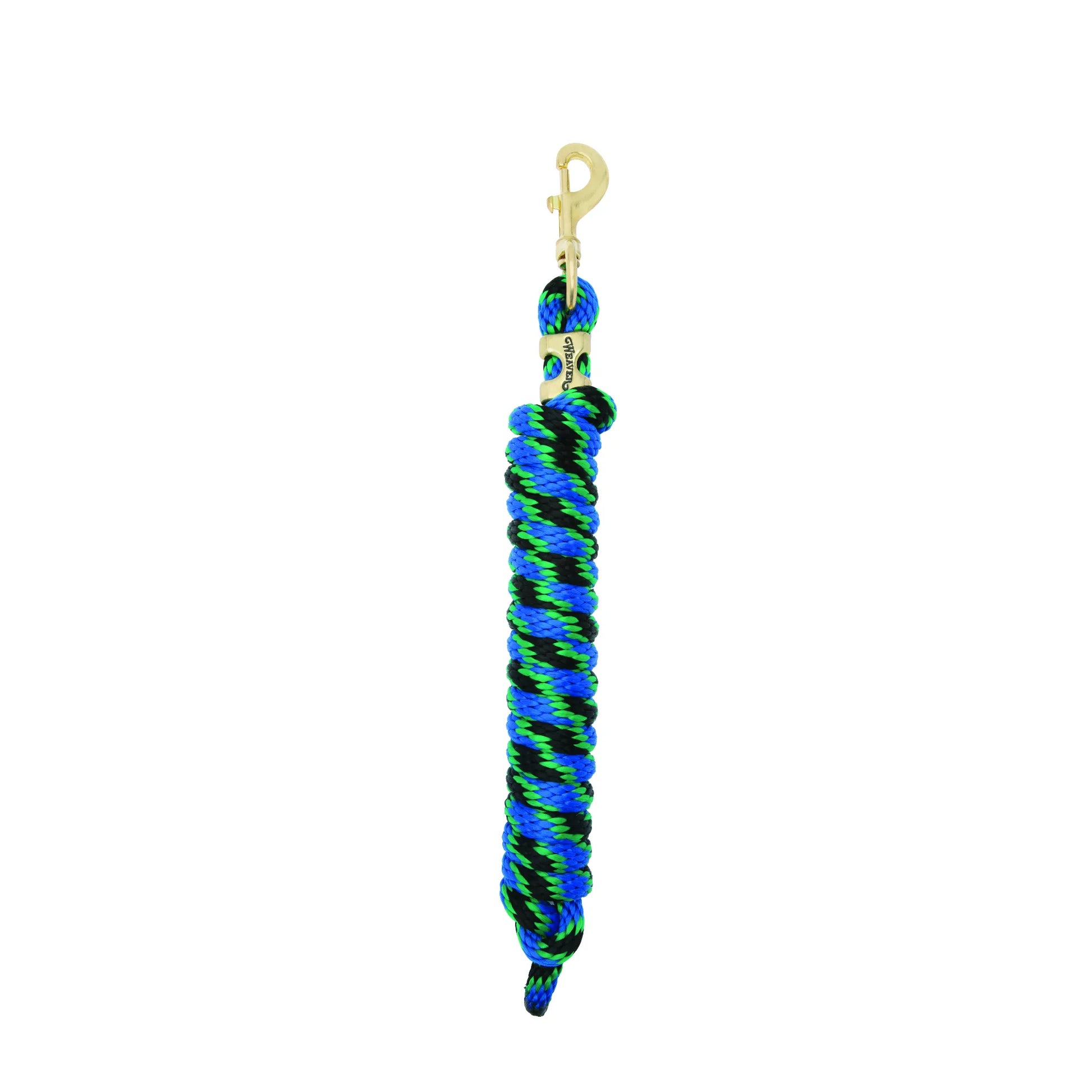 Weaver Equine Performance Lead Rope in a vibrant blue, black, and lime green patterned design. This durable horse lead rope features a sturdy gold brass bolt snap for secure attachment and a thick, comfortable braided texture. Ideal for horse training, daily handling, and grooming, this high-quality rope combines style with long-lasting performance for equestrian enthusiasts.