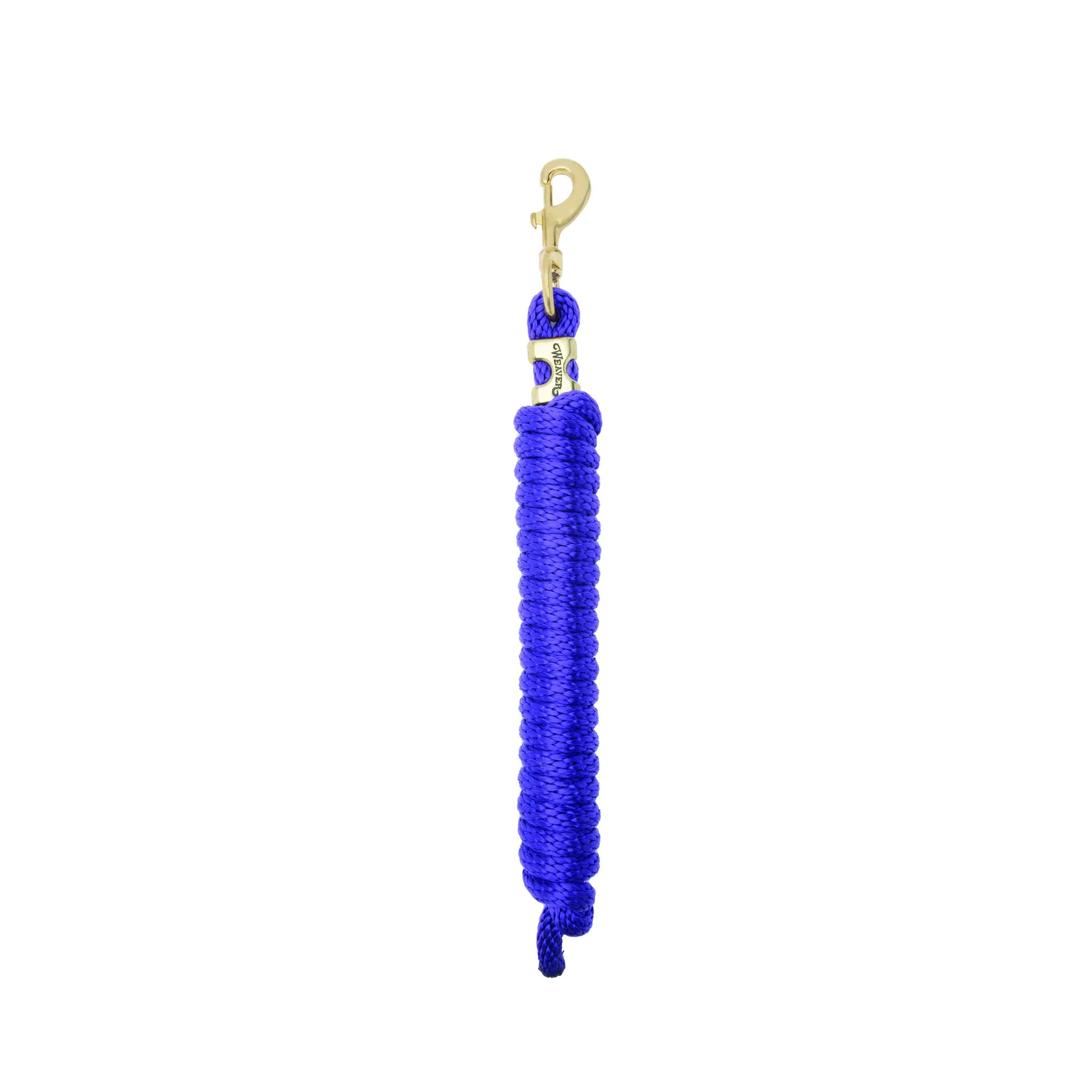 Royal blue Weaver Equine Performance Lead Rope featuring a durable braided design for secure horse training and handling. This essential equestrian lead includes a sturdy brass-plated bolt snap and a branded gold ferrule for a professional finish. Perfect for everyday stable use, grooming, and trailering, this high-quality horse lead rope combines comfort and longevity for any horse owner.