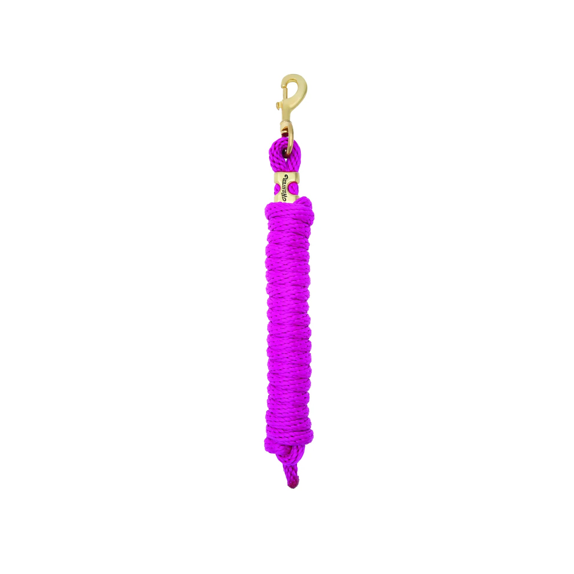Vibrant purple Weaver Equine Performance Lead Rope for horses, featuring a durable and comfortable braided design. This high-quality equestrian lead rope includes a heavy-duty brass swivel bolt snap and a signature brand collar for style and security. Ideal for horse training, grooming, and everyday leading.